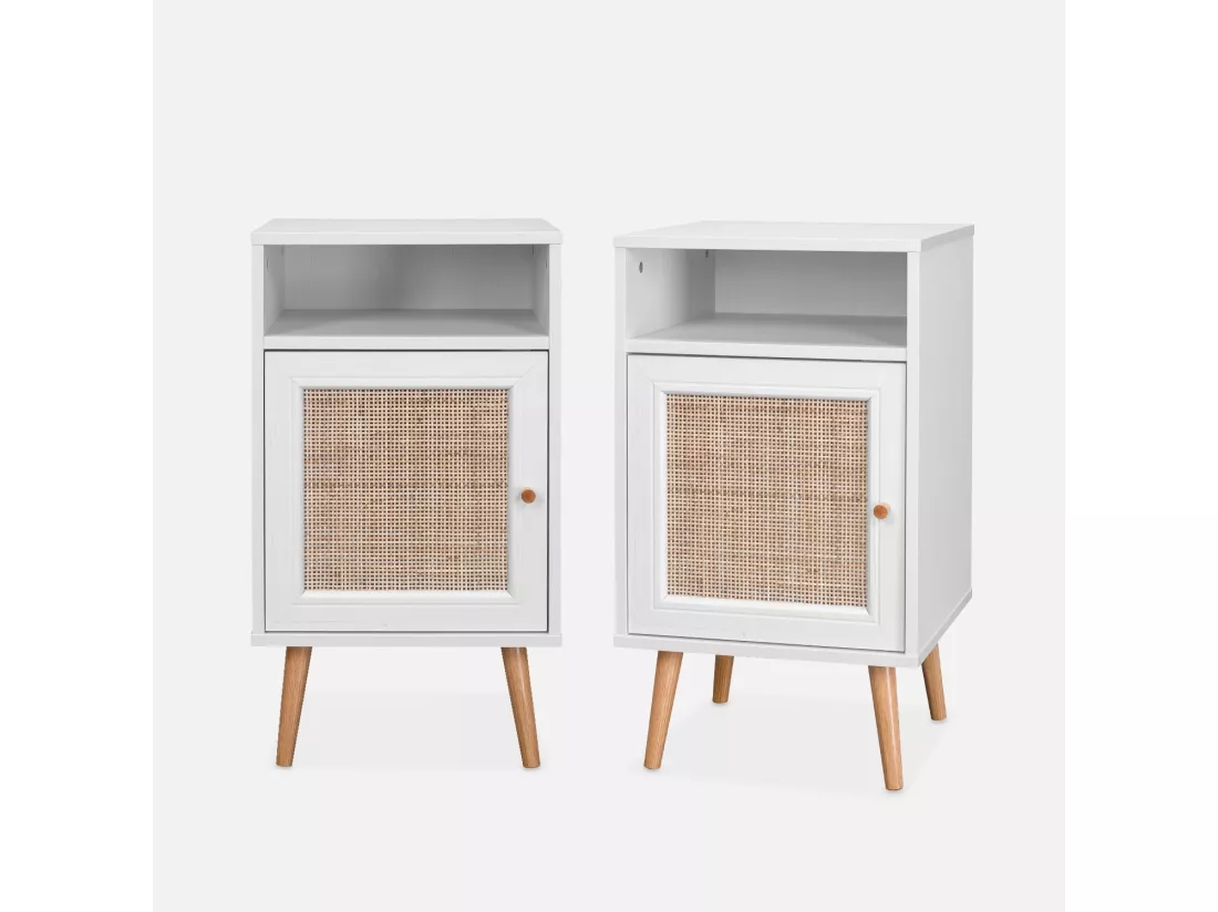 Lot de 2 tables de chevet en cannage - Bohème - 40x39x65.8cm Blanc - 2 niveaux - 1 portes - 1 espace de rangement - pieds scandinaves