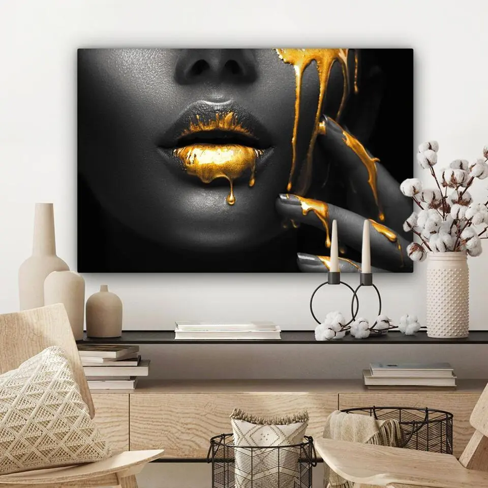 MuchoWow Canvas Schilderij 90x60cm Vrouw Zwart Goud Gezicht