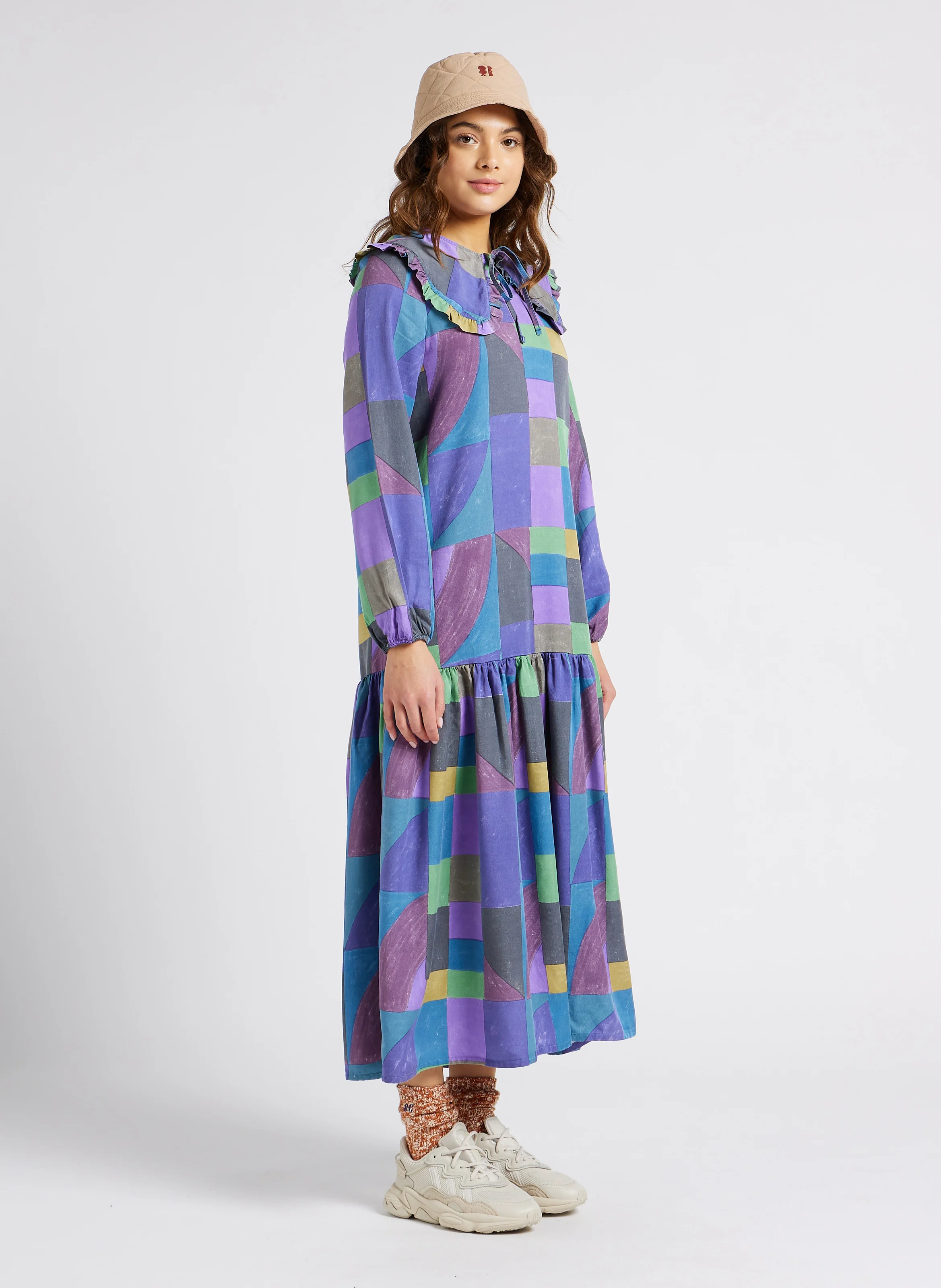 Robe longue col claudine à carreaux| Multicolore