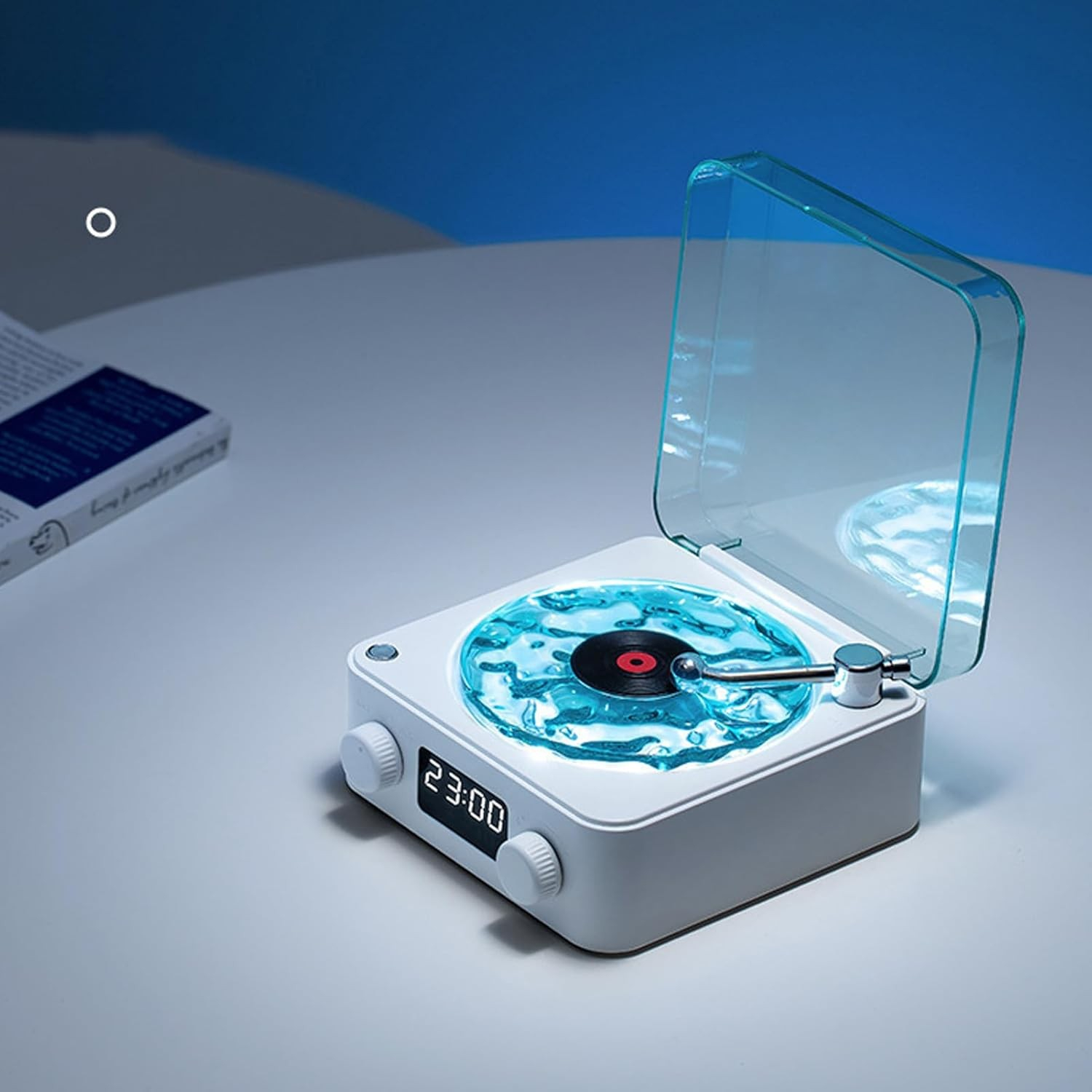 (14x14cm) Ocean Wave LED Plattenspieler Projektor USB Nachthimmel Deko Lampe mit Bluetooth Speaker / Uhrzeit Anzeige / Meeresrauschen