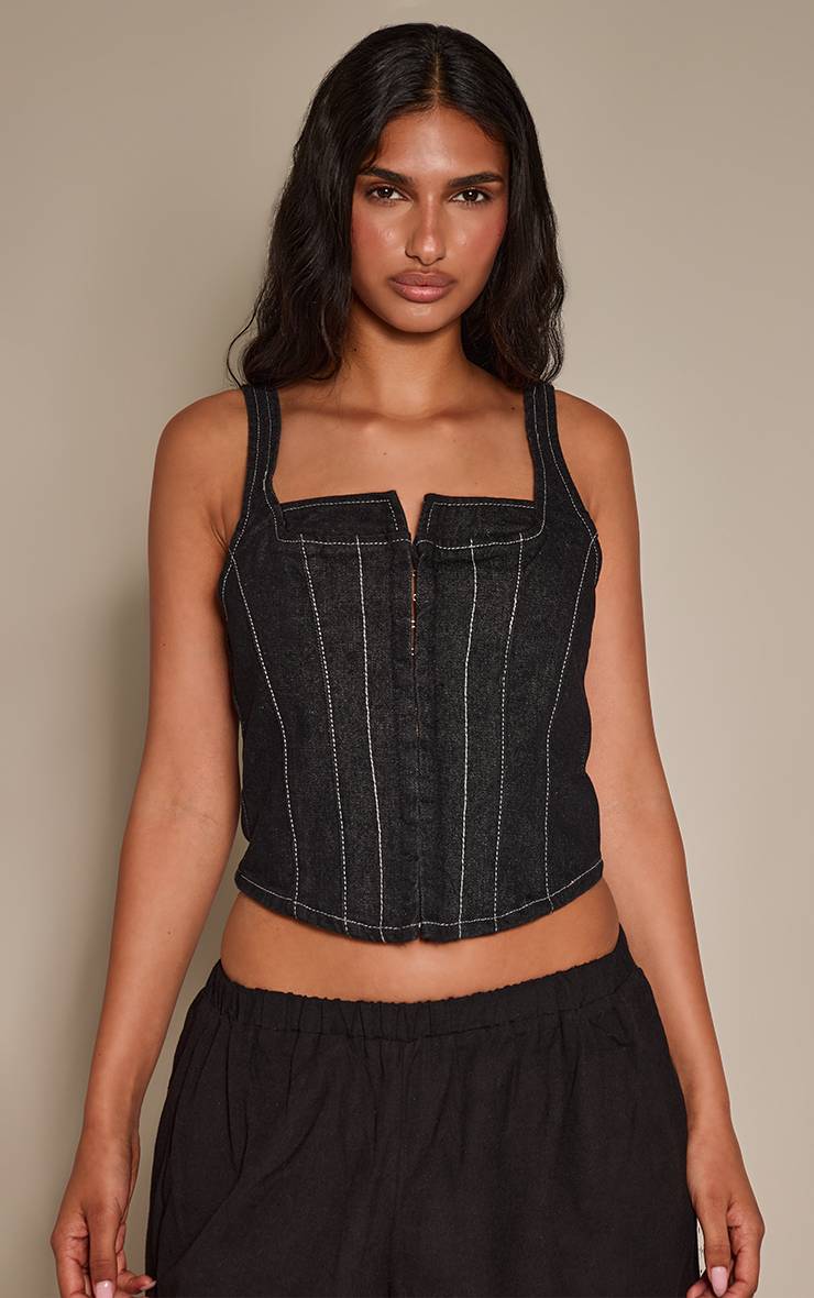Noir Top Corset En Denim À Coutures Contrastées