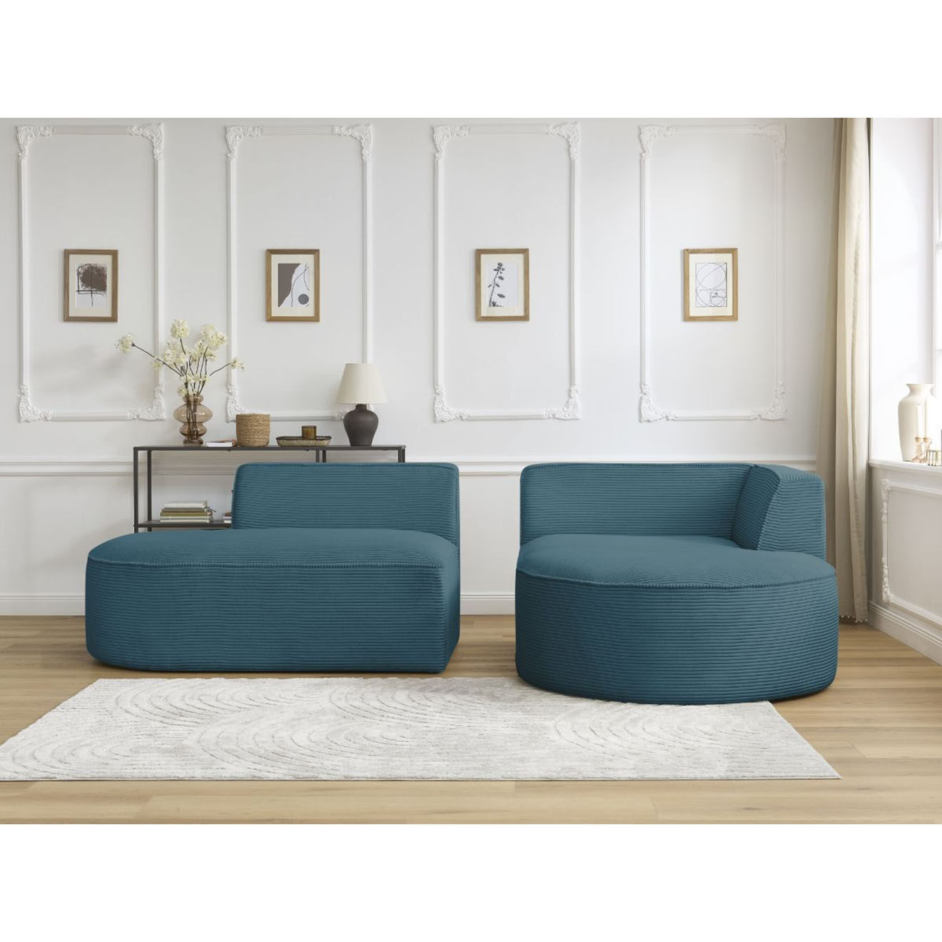 Bobochic Canapé d'angle droit fixe 4 places Rousseau texturé bleu foncé - 250x160x72 cm