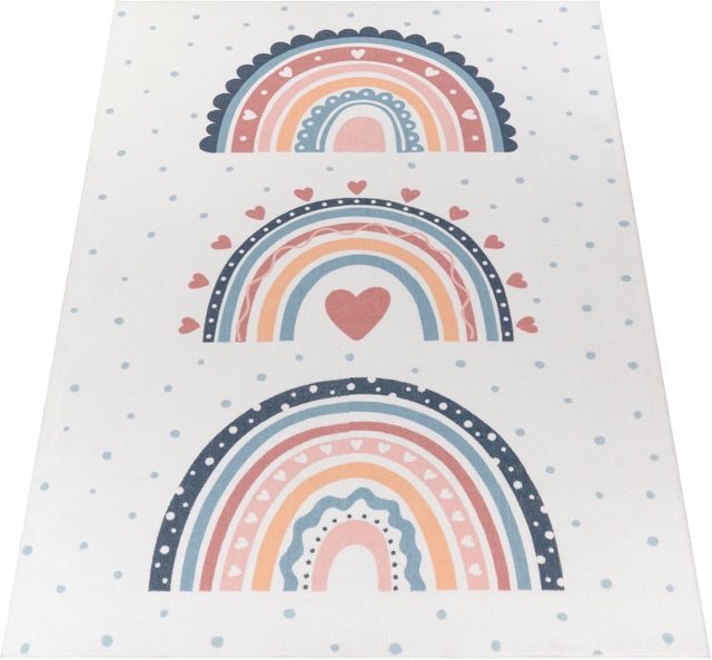 Paco Home Kinderteppich »Eliz 392« rechteckig 12 mm Höhe Kurzflor, Spielteppich, Patchwork-Muster, Motiv Punkte & Regenbogen