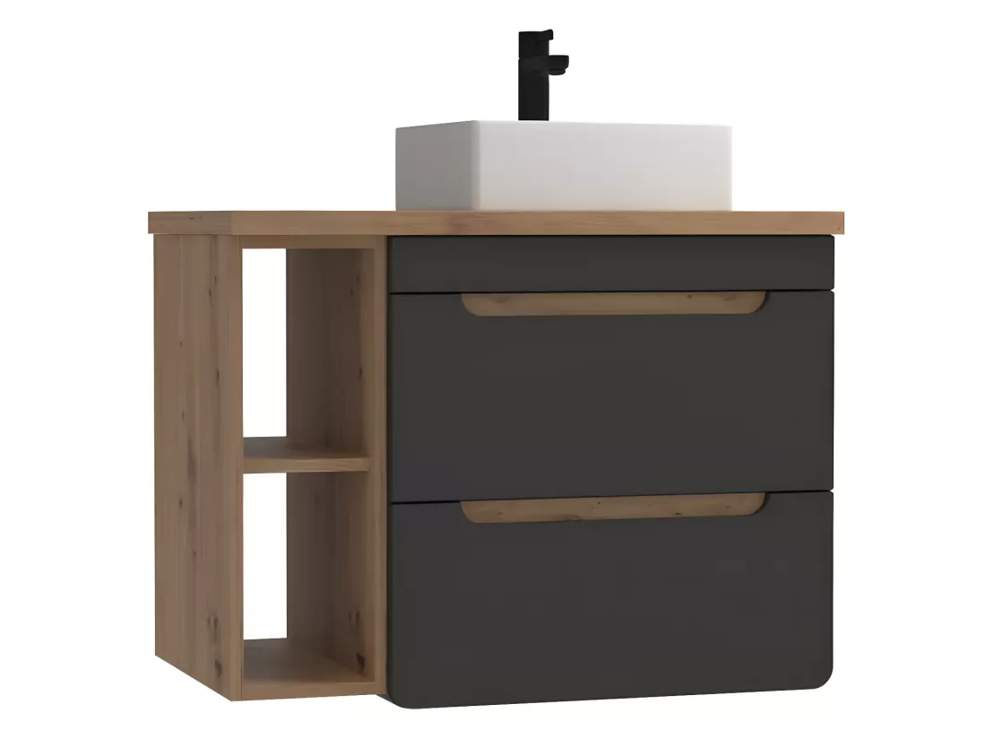 Meuble de salle de bain suspendu simple vasque et niches - Coloris naturel et anthracite - 80 cm - ARUBA