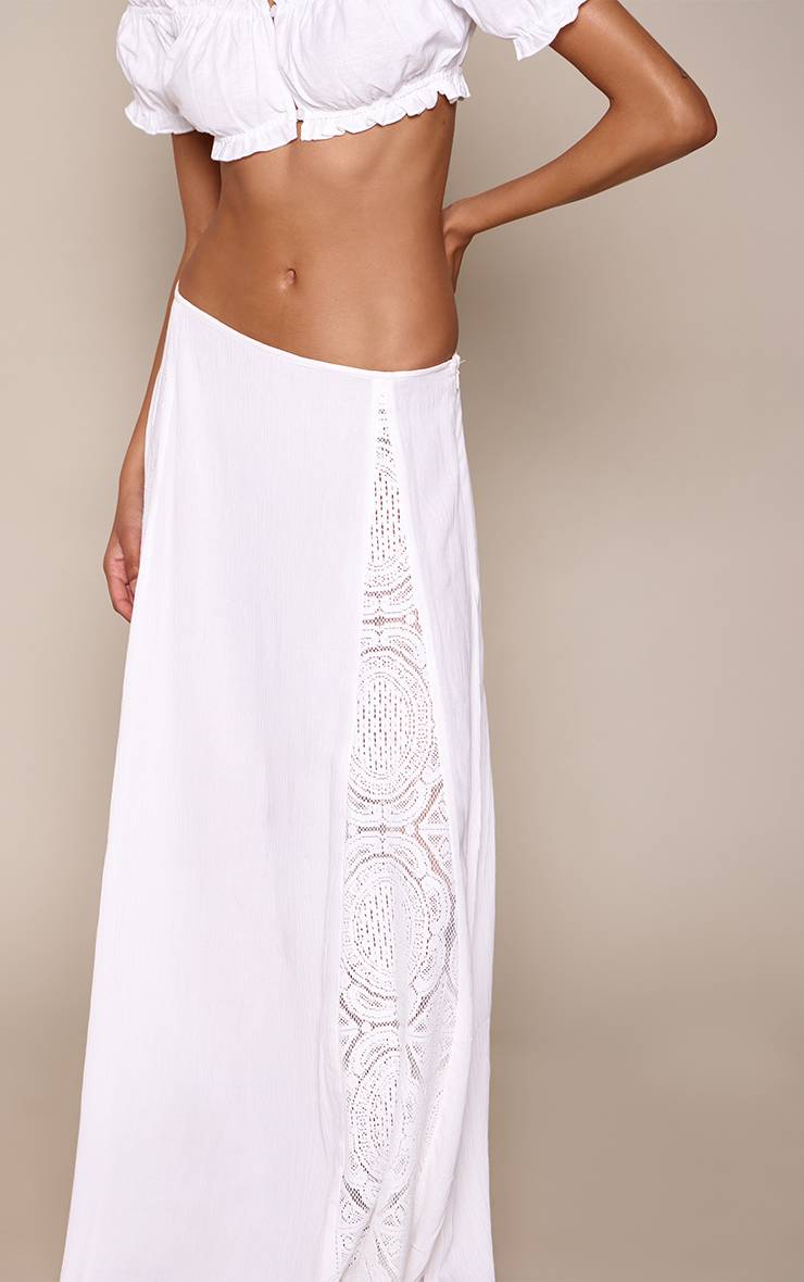 Blanc Jupe Maxi En Étamine De Coton Avec Panneaux Broderie