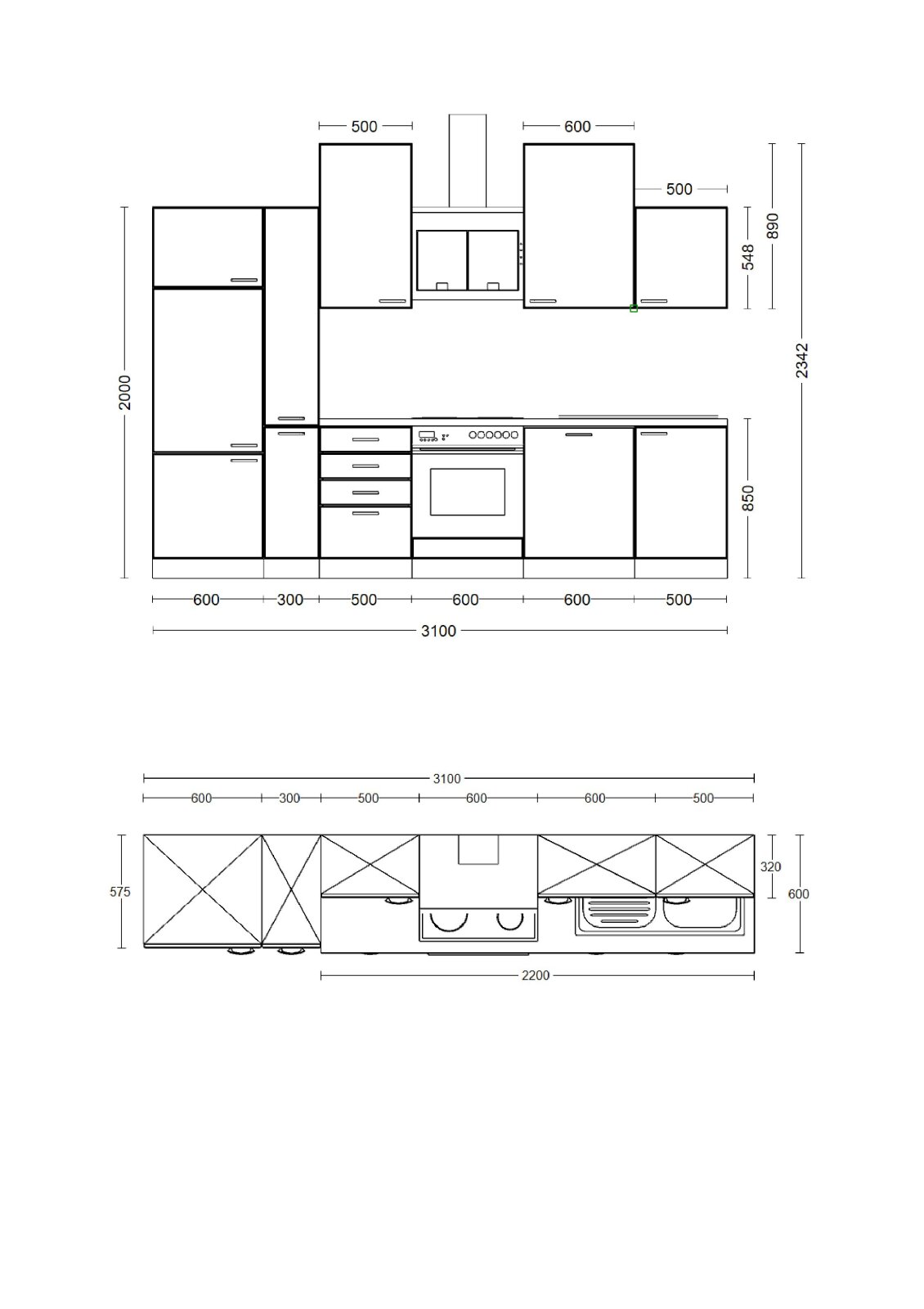 Küchenblock CARA - schilfgrün - Artisan Eiche - mit E-Geräten - 310 cm