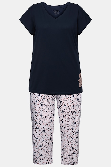 Pyjama, Zweiteiler, Sterne, V-Ausschnitt, Halbarm