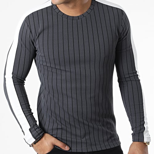 Tee Shirt Manches Longues à Bandes Et Rayures Gris Blanc