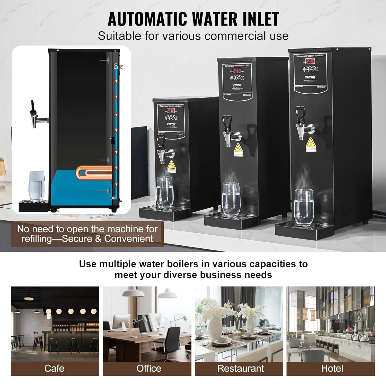 VEVOR kommerzieller Wasserkocher 20 L, elektrischer Heißwasserspender mit Heizrohr aus Edelstahl, 2500 W, schrittweise schnelle Aufheizung, 50 L pro Stunde, Heißwasserkessel, für Kaffee Tee Restaurant