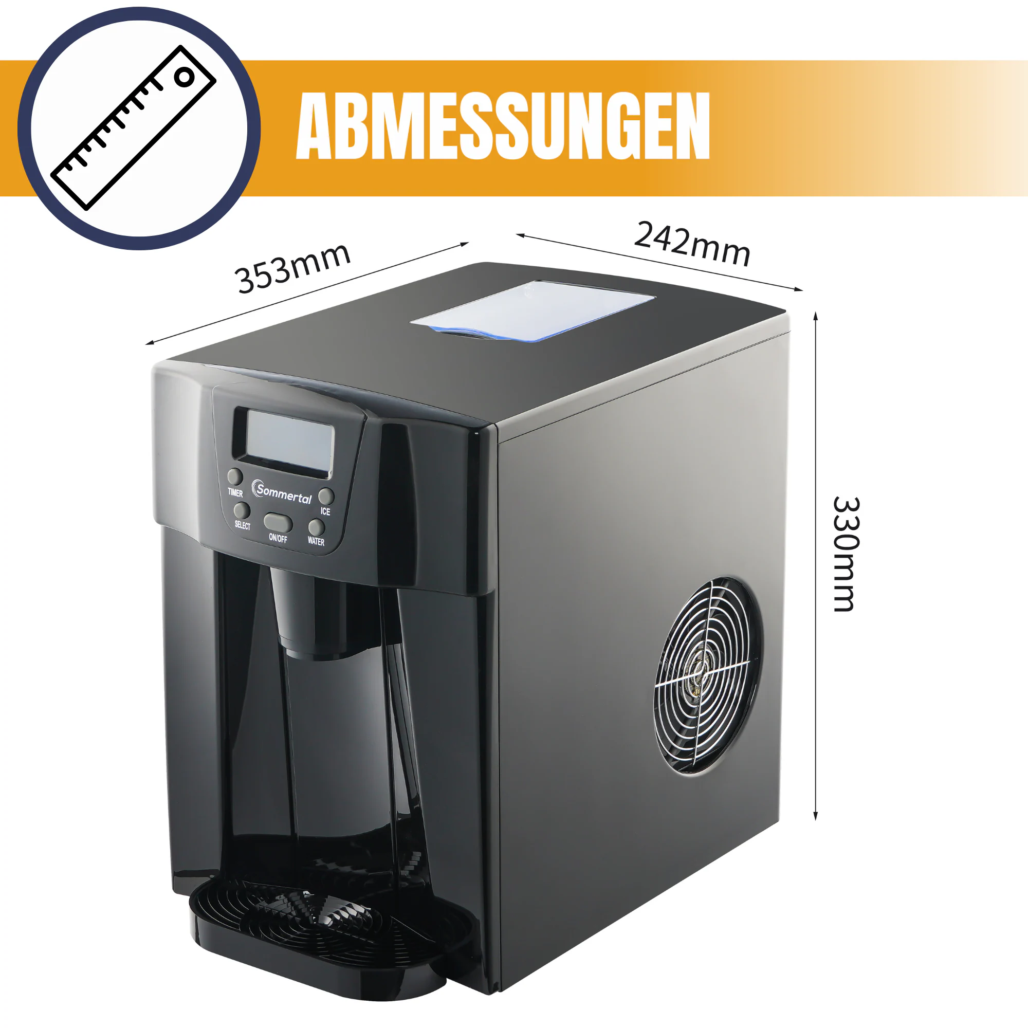 Sommertal Eiswürfelmaschine mit Kaltwasser-Funktion EM12E - Ice Maker mit schneller Eisherstellung ab 6 Minuten, 12kg pro Tag, 2 Würfelgrößen, Timer, autom. Abschaltung ?? Eiswürfelbereiter klein