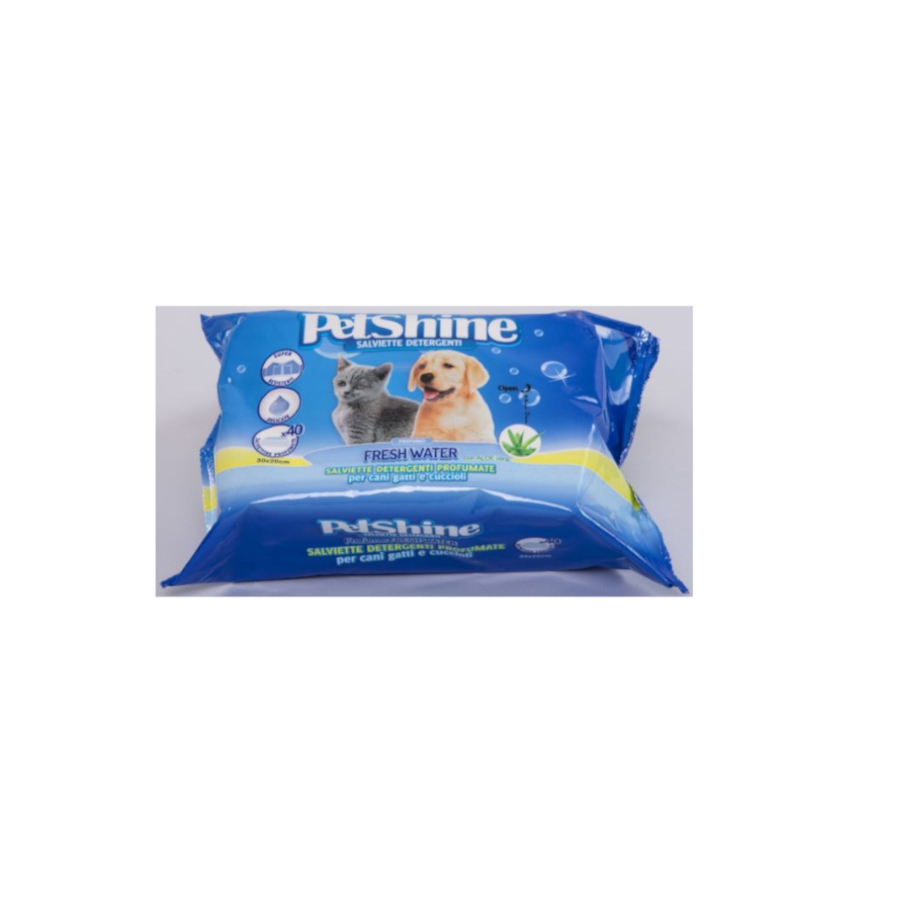 Lenços umedecidos PetShine Fresh Water sem álcool para cães e gatos.