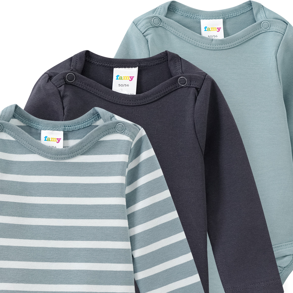 Famy 3 Baby Bodys mit Bio-Baumwolle salbei / dunkelgrau / weiss