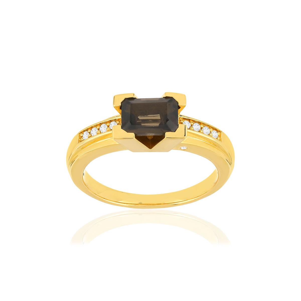 Bague VAN BRILL or jaune 750, quartz fumé, diamants.