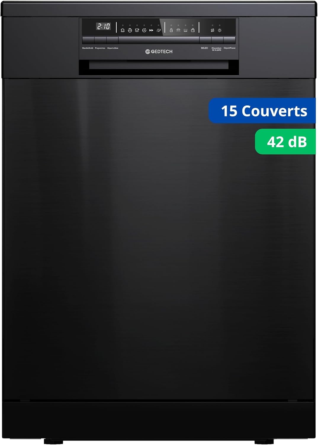 GEDTECH Lave-vaisselle GLV1542DX 15cv - Tiroir à couverts - 42 dB - Ultra silencieux - Départ Différé - Eco - Intensif - Rapide – Faible conso - Classe C - Dark Inox - Protection enfant