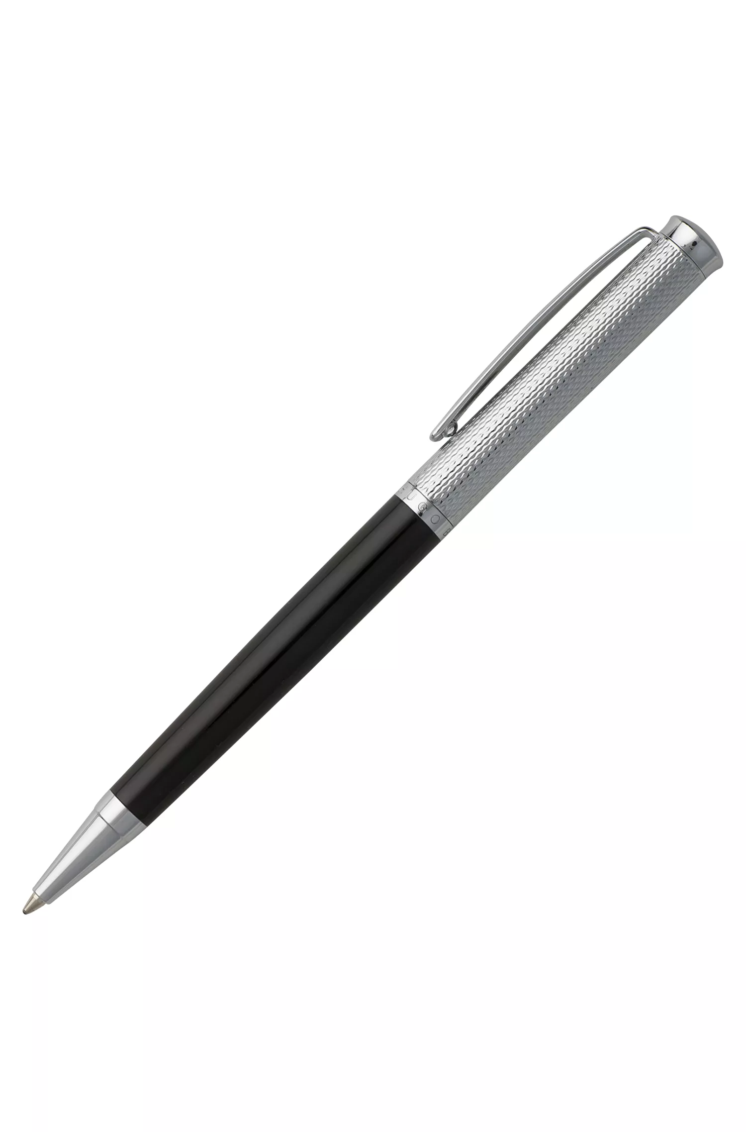 Caneta esferográfica BOSS preta com acabamento cromado gravado e laca preta fosca.