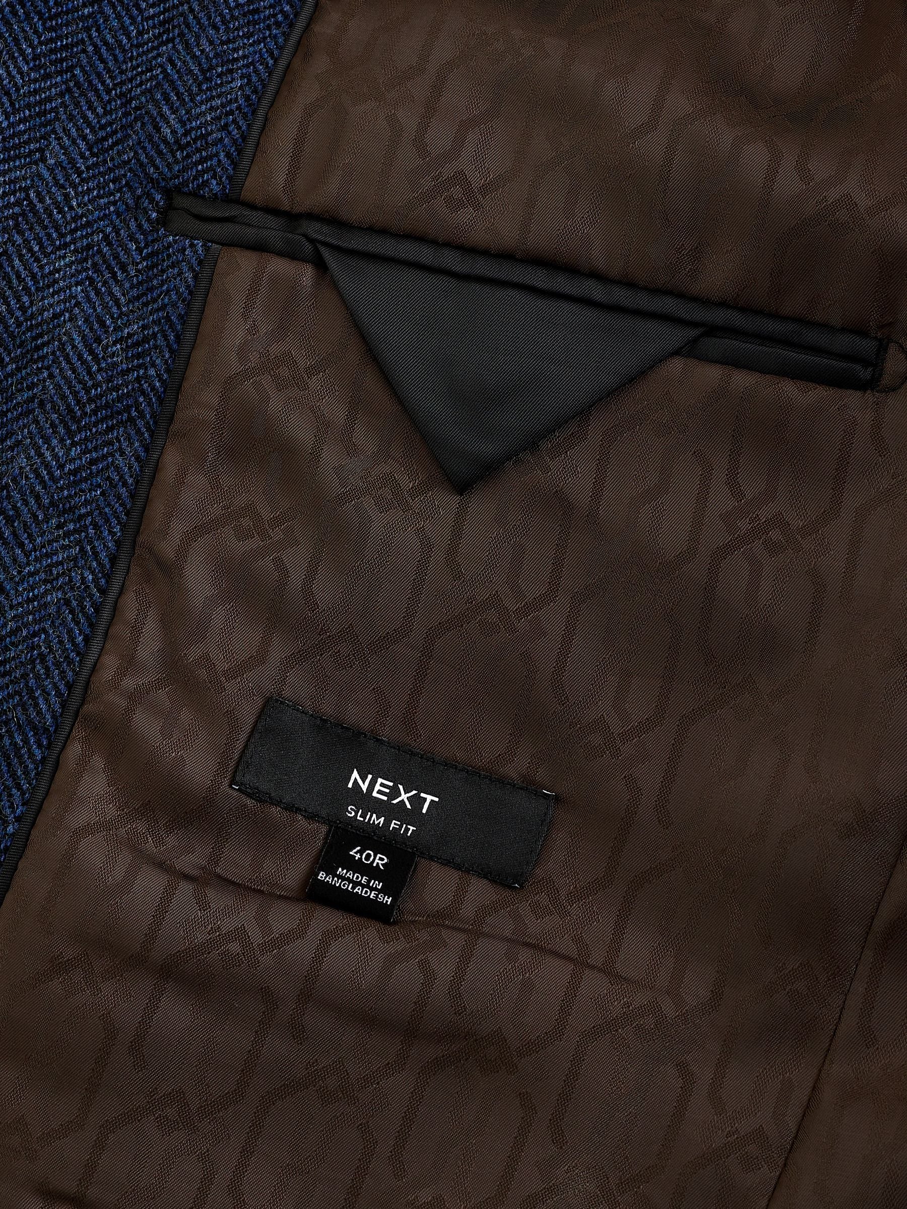Blauw - Slim Fit - Blazer met visgraatmotief en hoog wolgehalte