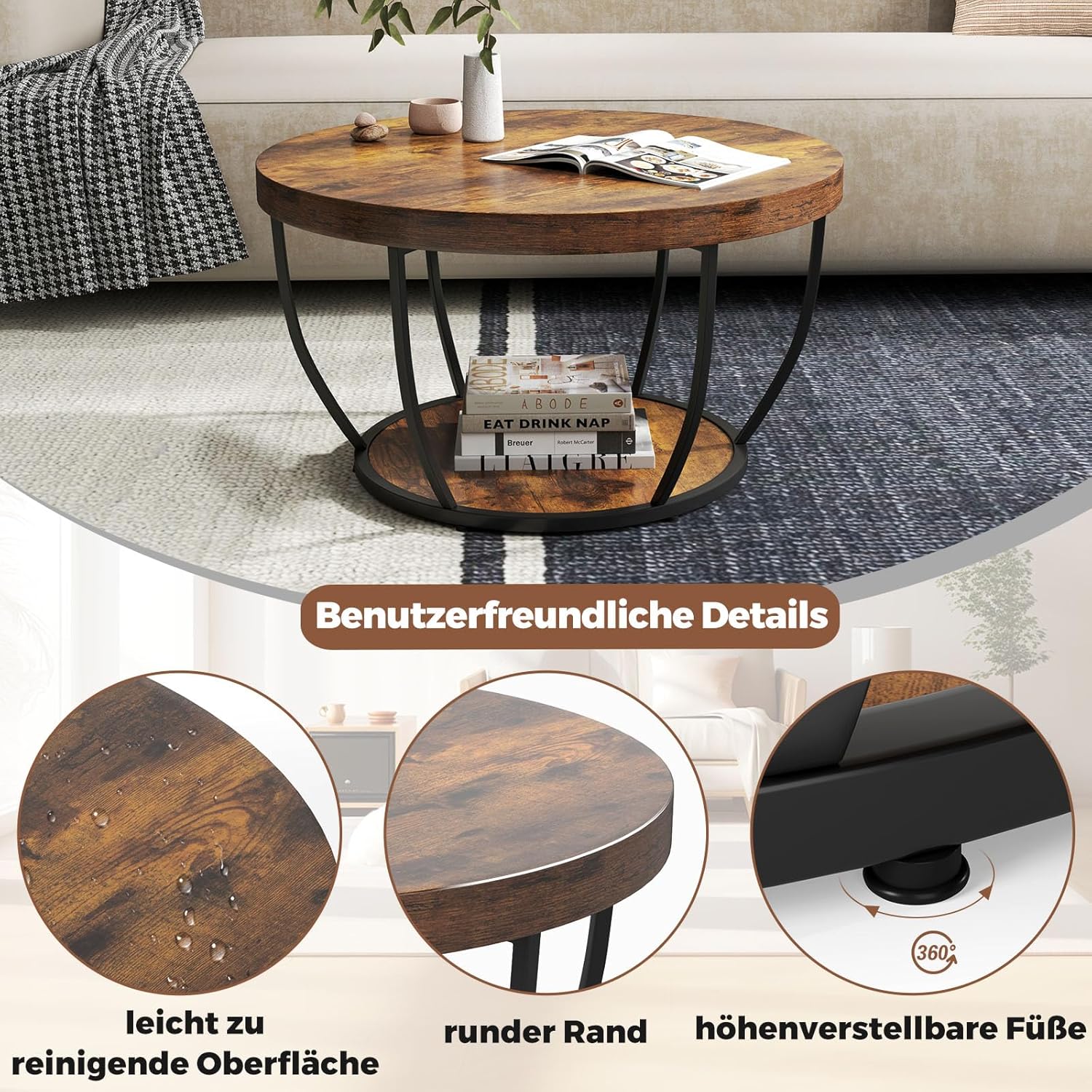 COSTWAY Couchtisch rund, Sofatisch Holz mit 2 Ebenen & Metallrahmen, Wohnzimmertisch Kafeetisch 80 cm D für Wohnzimmer, Empfangsraum, Büro (Rustikales Braun)
