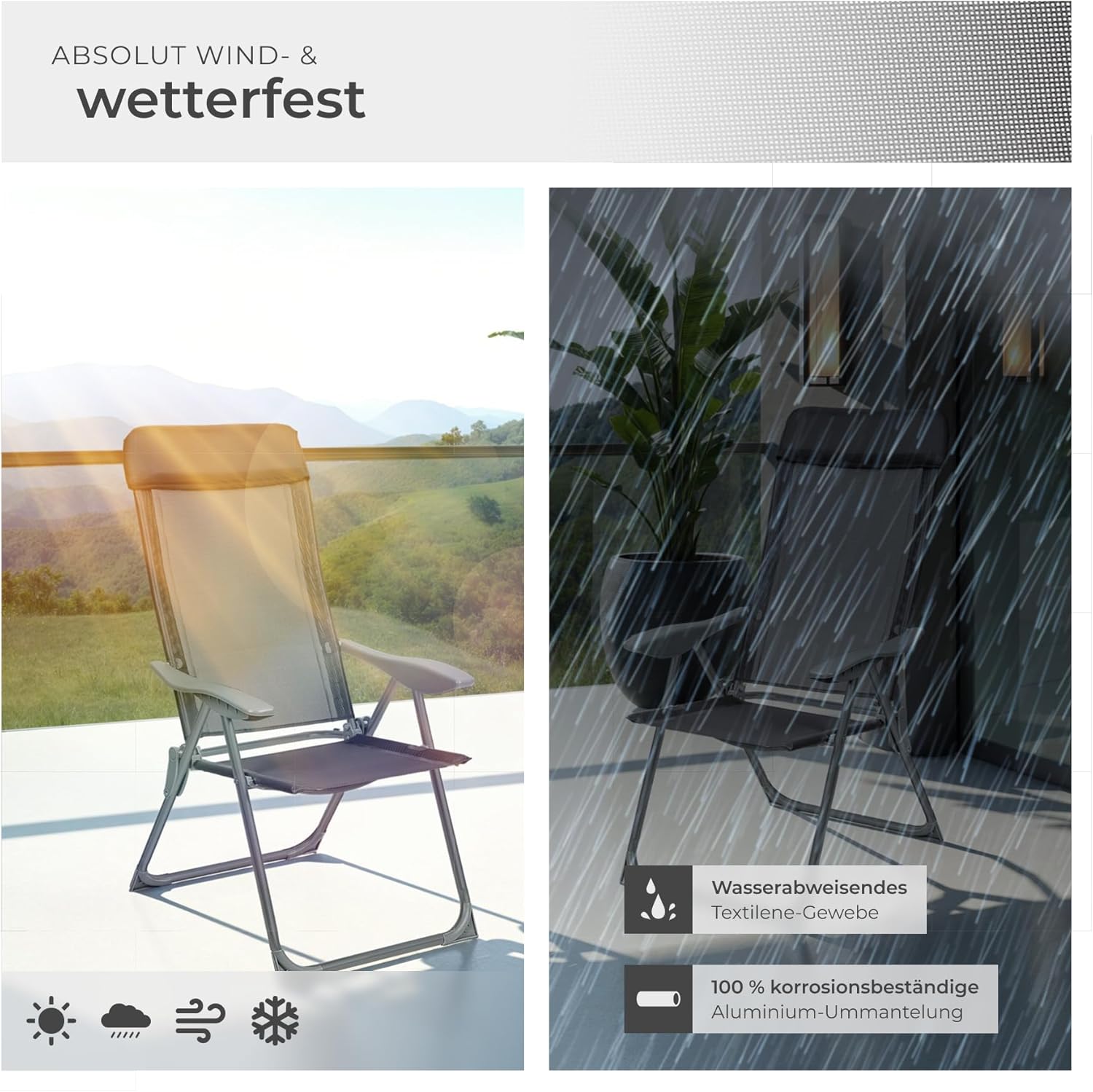 tectake® 4er Set Gartenstuhl Hochlehner, Gartenstühle, Essstühle Aluminium, Klappstuhl 5-Fach verstellbar mit Armlehnen, Sessel mit Liegefunktion, Gartenmöbel, Möbel für Terrasse, Camping - anthrazit