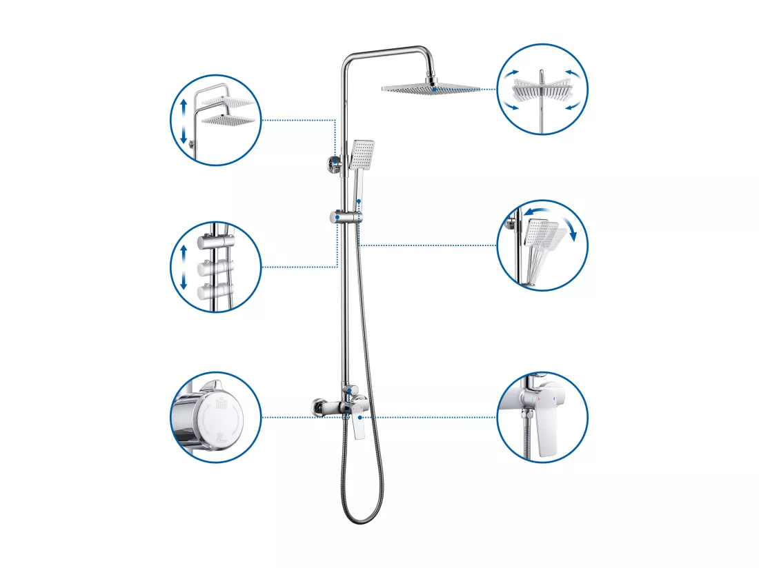 Colonne Douche Chromé avec Mitigeur Hauteur Réglable entre 90-124cm,Systèmede Douche avec Douchette 29x19cm et Pommeau Douche pour Salle Bain