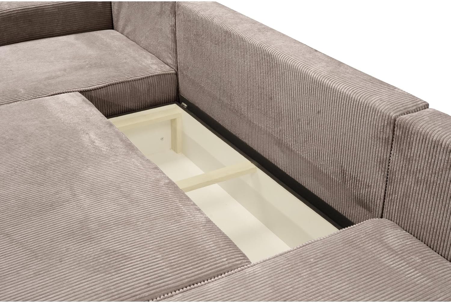 Beautysofa - Ecksofa mit Schlaffunktion - Sofa mit praktischer Aufbewahrungsbox - Sofa aus geripptem Veloursstoff POSO - Relaxsofa für das Wohnzimmer - 300x195x90cm - Dunkelbeige (Poso02)