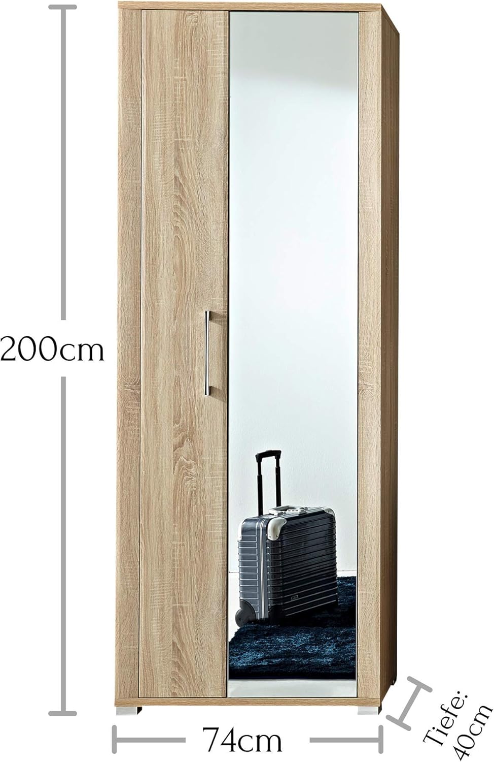 GO Garderobenschrank in Sonoma Eiche Optik - Moderner Flurgarderoben Schrank mit Spiegeltür - 74 x 200 x 40 cm (B/H/T)