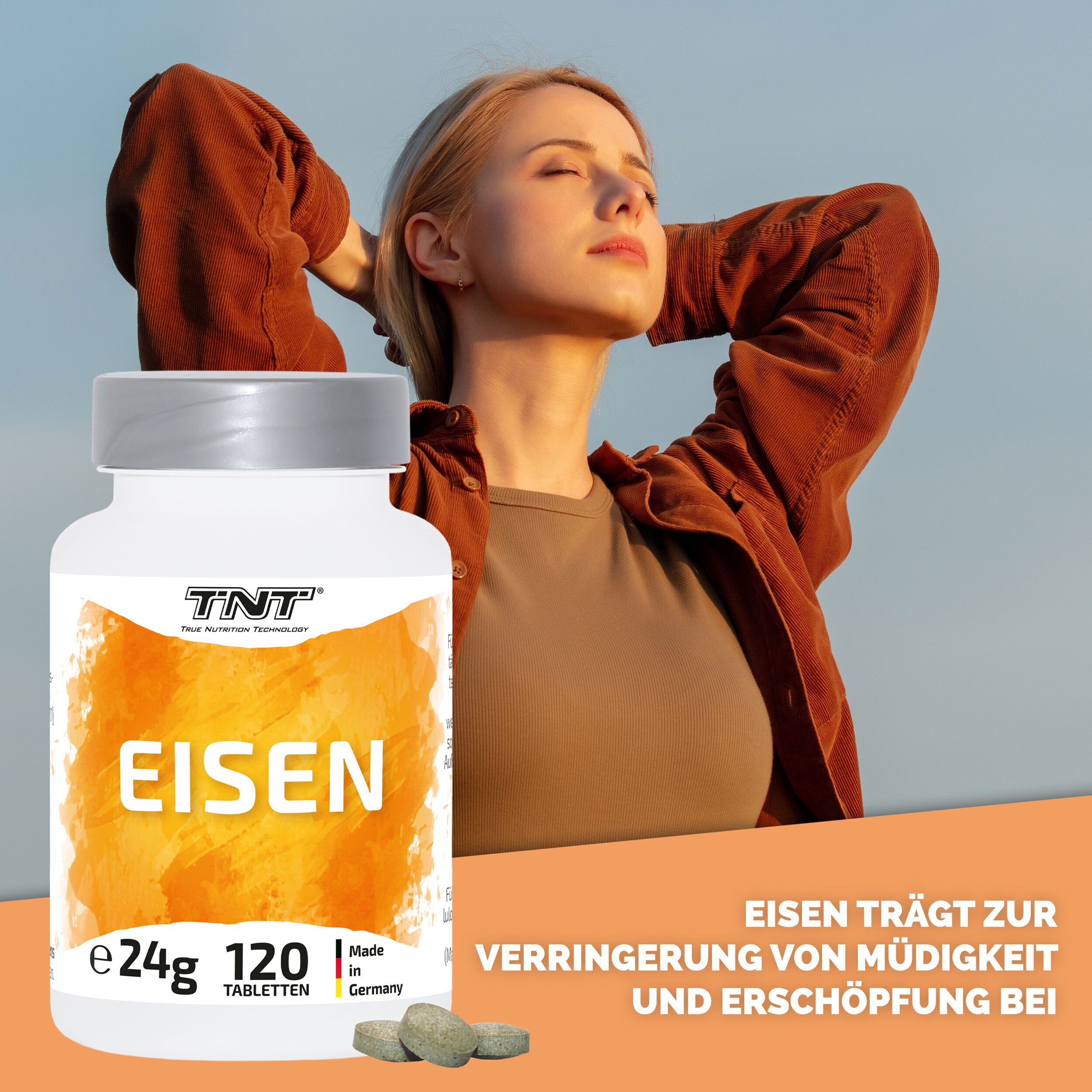 TNT Eisen 18mg. Trägt u.a.zur Verringerung von Müdigkeit und Erschöpfung bei.
