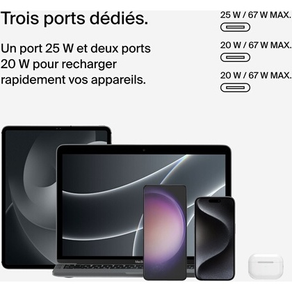 Chargeur et câble d'alimentation PC Belkin secteur 3 ports USB-C 67W, avec câble d'un mètre USB-C vers USB-C inclus, blanc.
