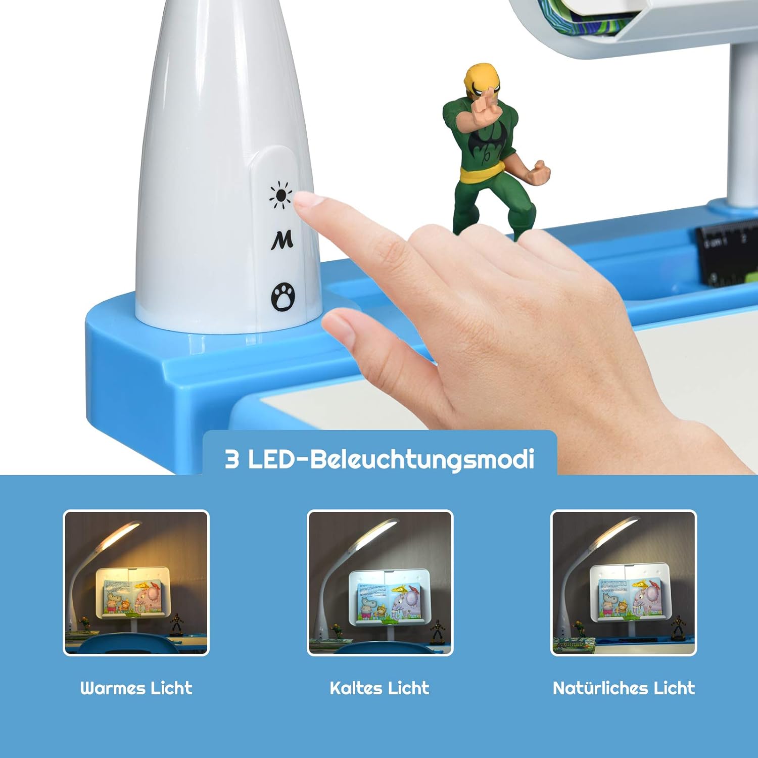 DREAMADE höhenverstellbarer Kinderschreibtisch mit Lampe & Bücherständer, Schülerschreibtisch Jugendschreibtisch neigungsverstellbar, Schreibtisch Set für Kinder mit Stuhl und Schublade (Blau)