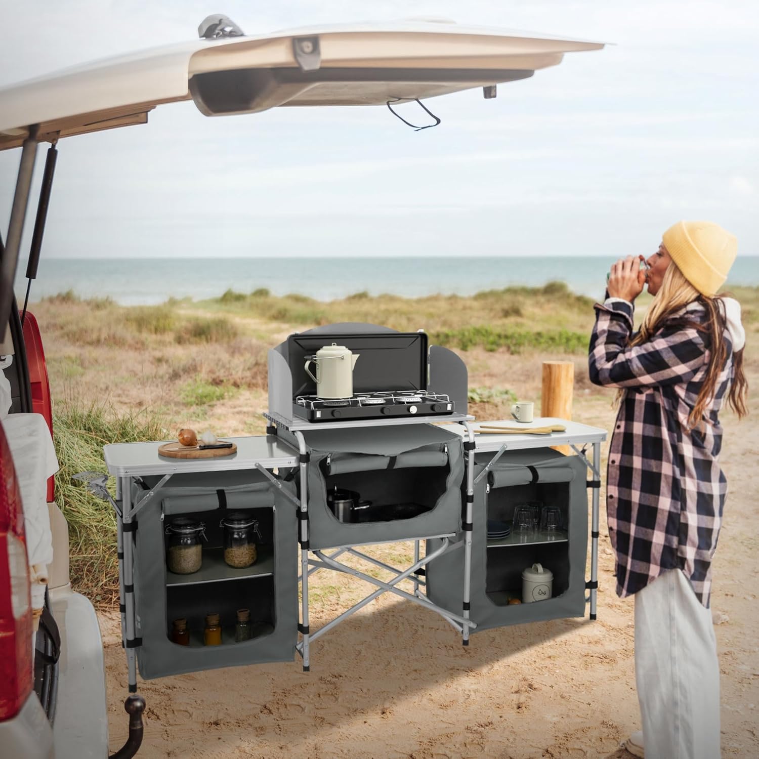 Hauki Camping Küche Campingschrank faltbar mit Tragetasche, Reiseküche mit Windschutz, Küchenschrank mit Arbeitsplatte, Staufächern, Alu Outdoorküche Faltschrank Küchenbox klappbar Zeltschrank tragbar