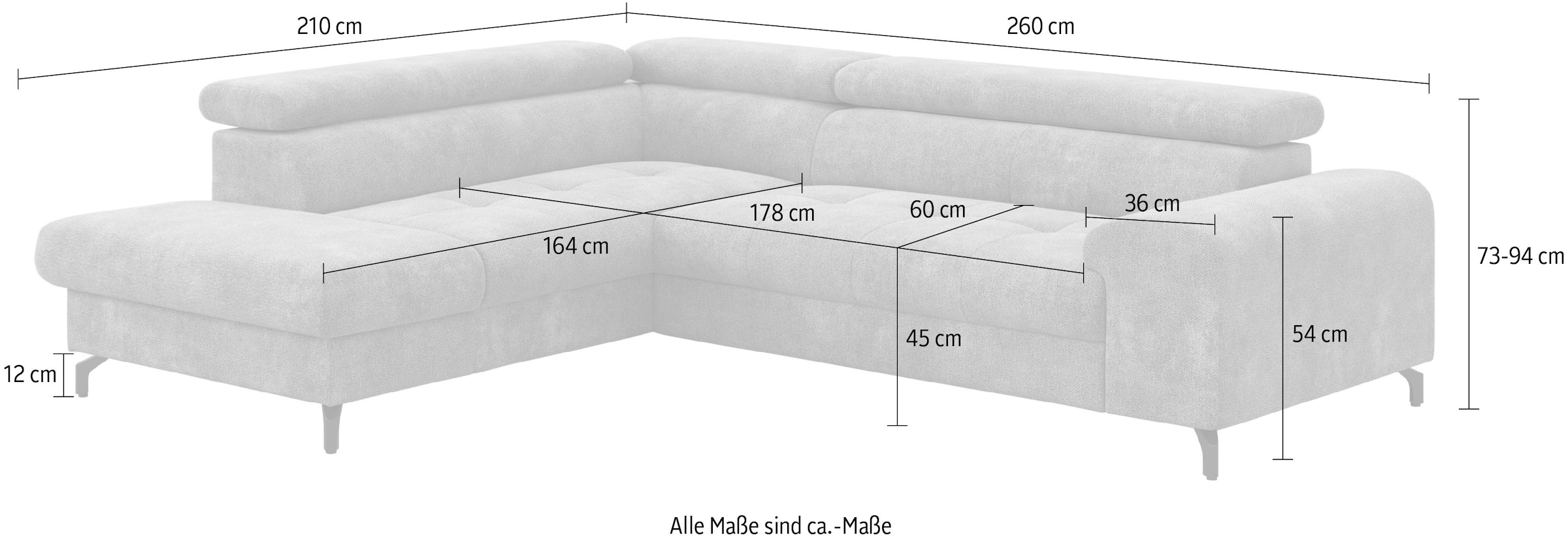 COTTA Ecksofa »Aura L-Form, B: 260 cm« mit Bettfunktion, Bettkasten & Kopfteilverstellung