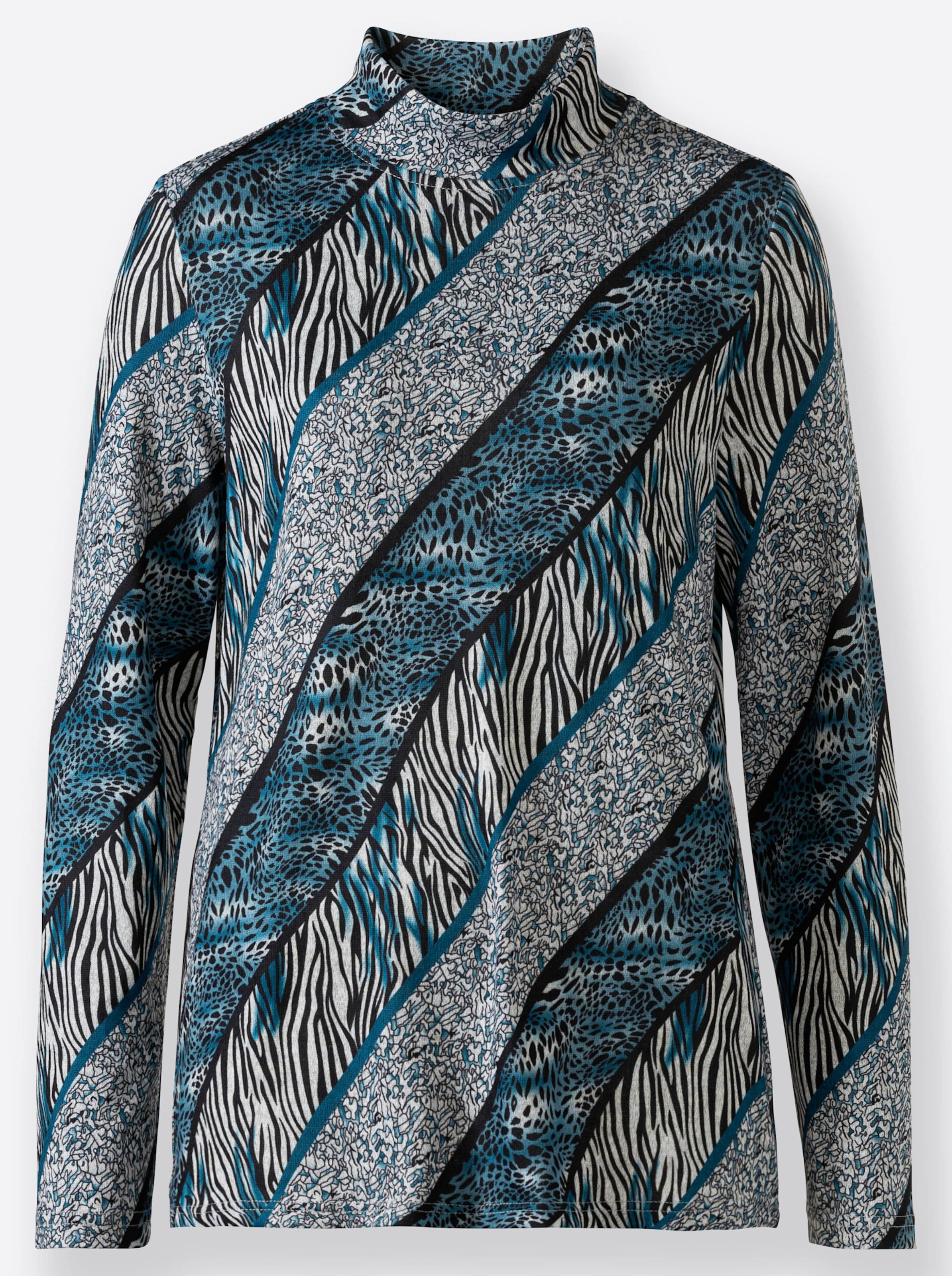 Langarmshirt in aquapetrol-schwarz-bedruckt