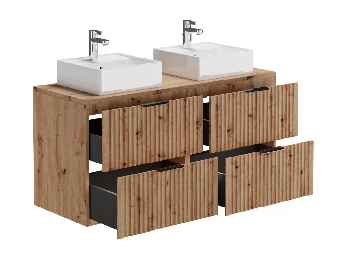 Meuble de salle de bain suspendu strié avec vasque à poser et colonne - Naturel clair - 120 cm - ZEVARA