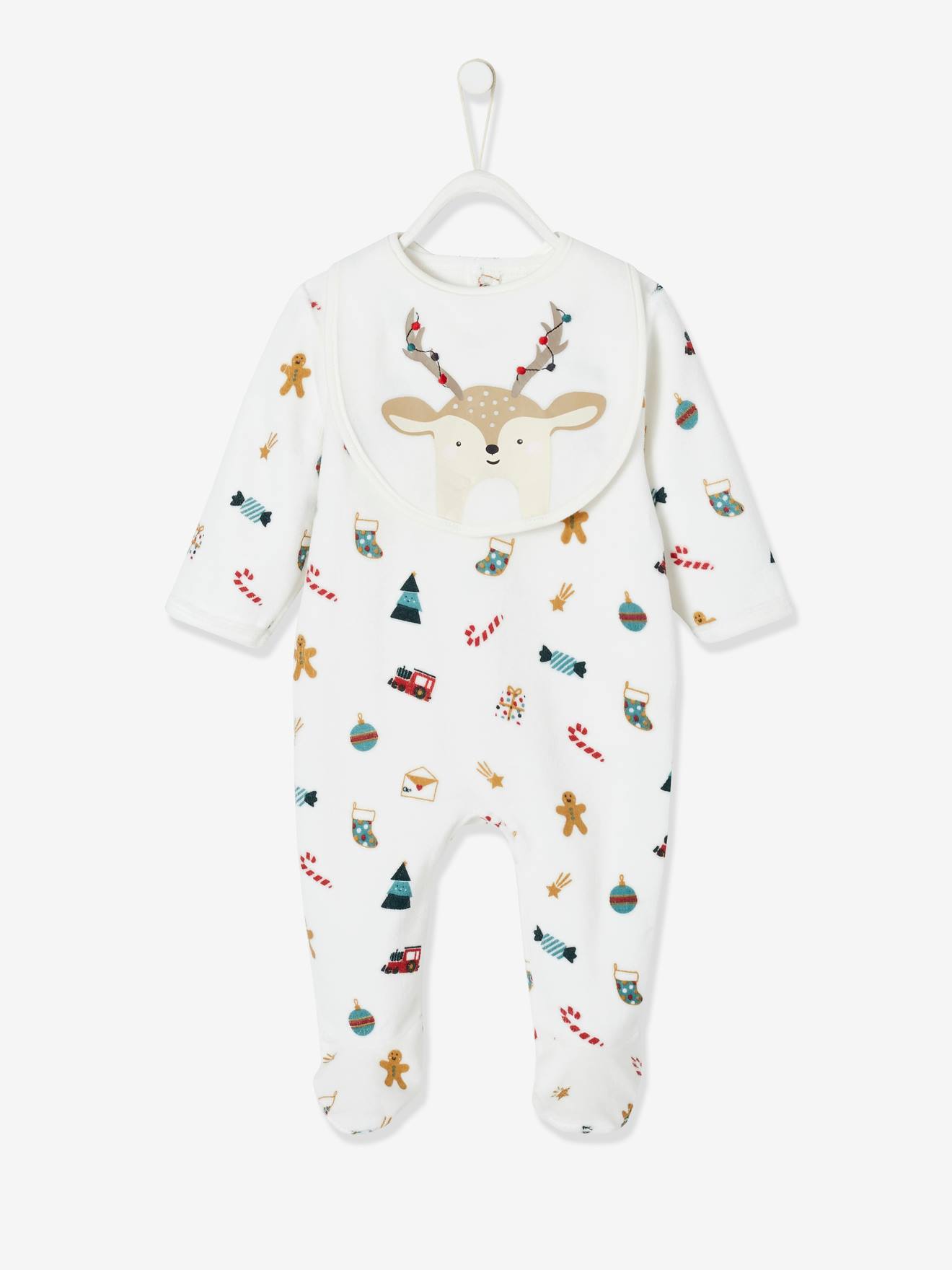 Conjunto de presente de Natal com body de veludo + babador unissex, branco claro com estampa.