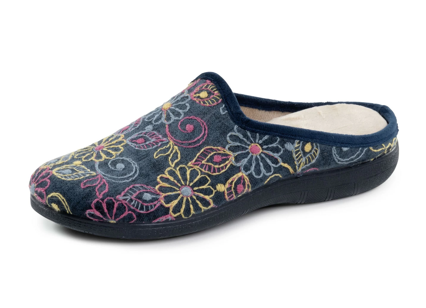 Laurina Pantoffel aus Textilmaterial mit bunter Blumenstickerei
