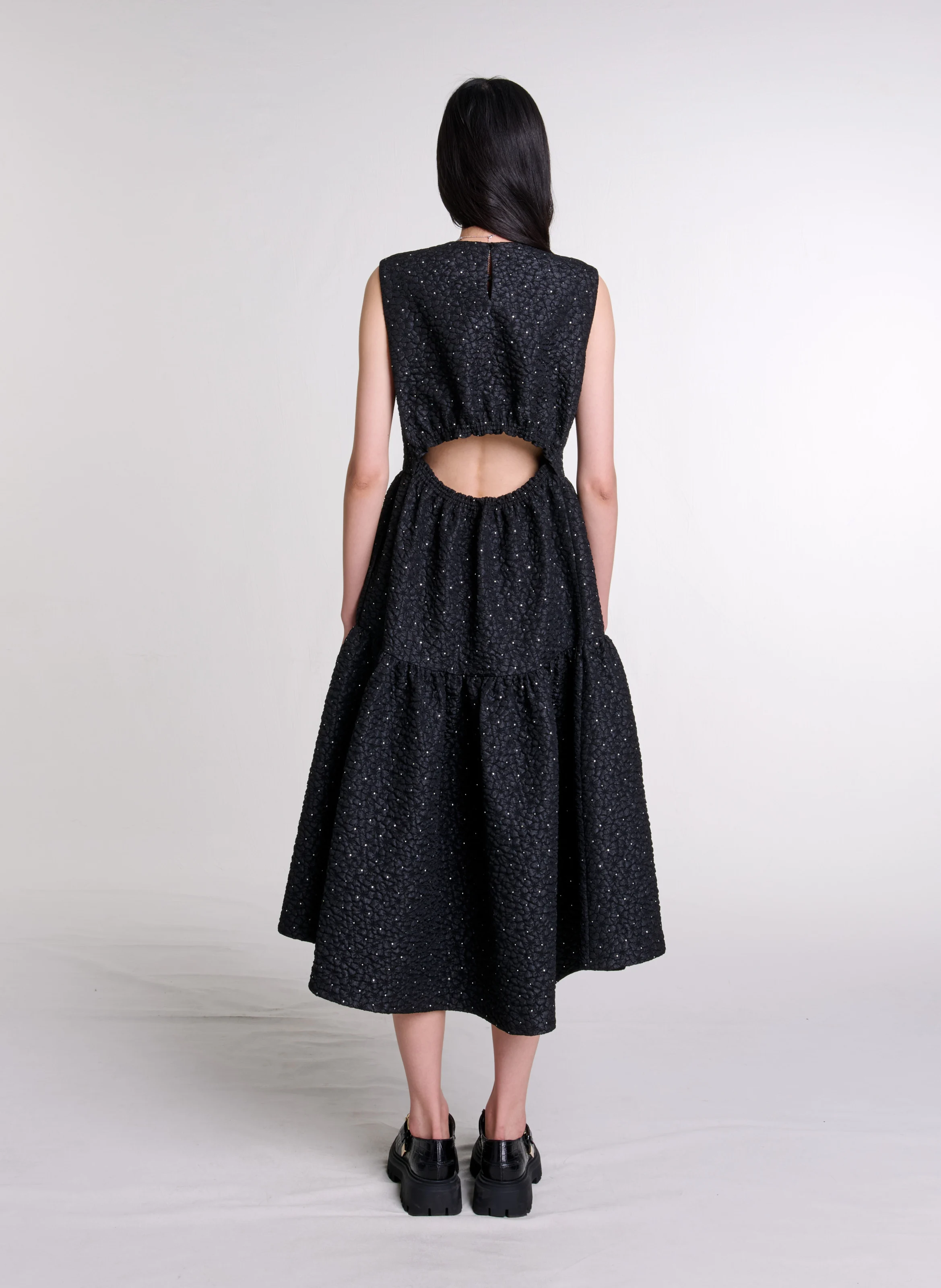Robe longue col rond à strass | Noir