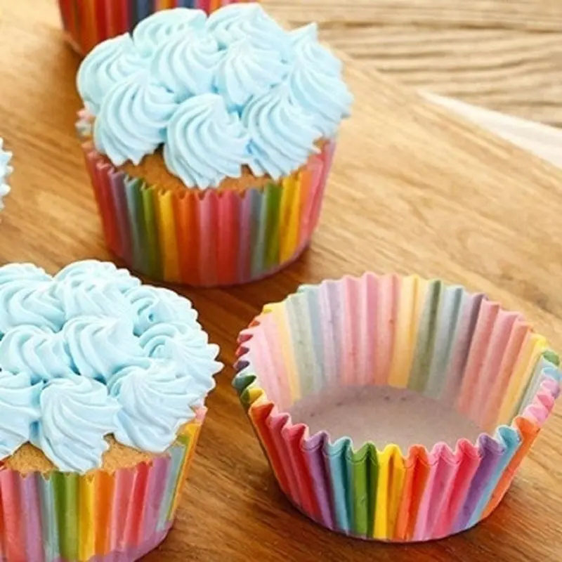 (100er Set) Einweg Papier Cupcake Förmchen Rainbow Muffin Form Backform - Regenbogen