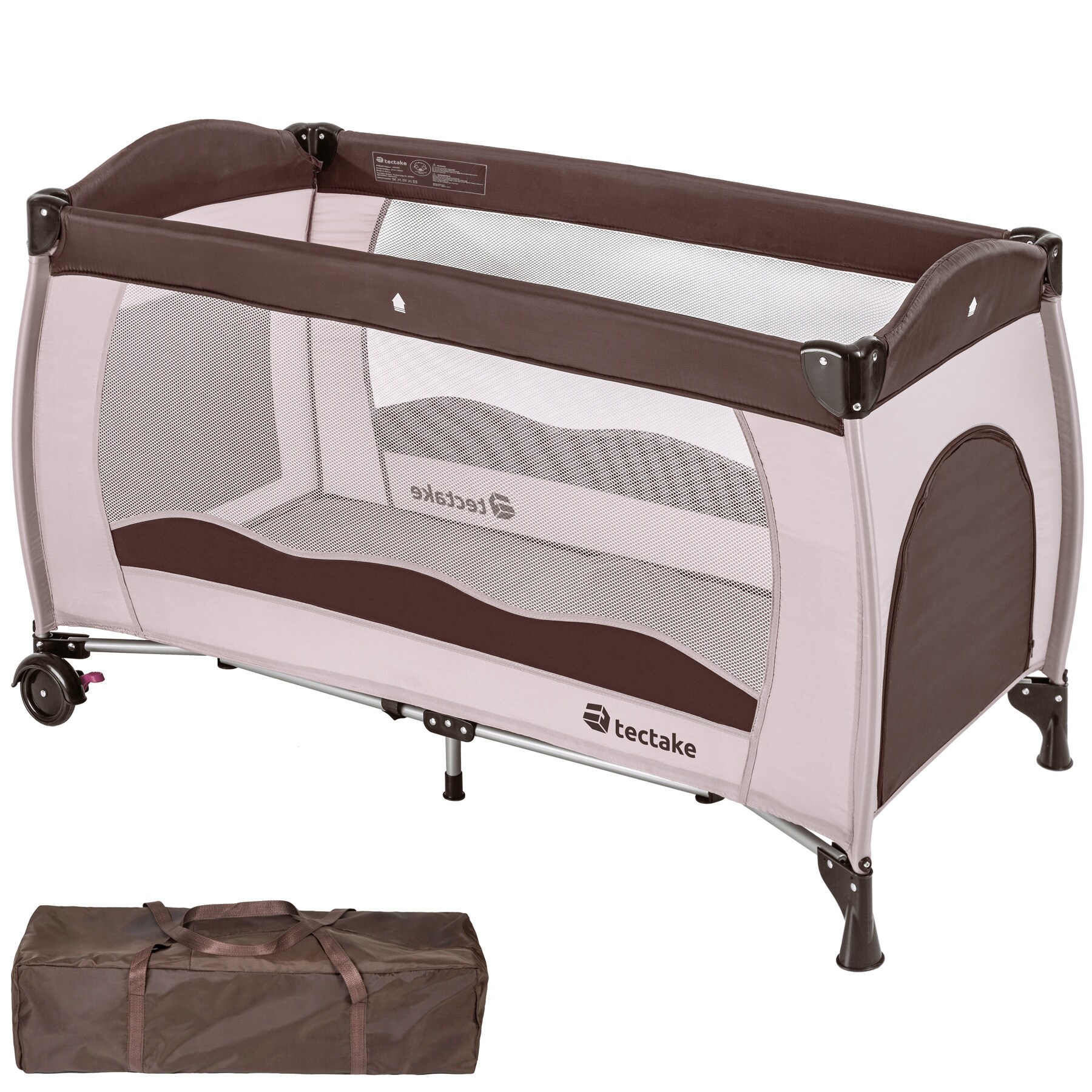 tectake® Kinder Reisebett, klappbar, 2 Rollen mit Bremsen, inklusive Tragetasche, 126 x 65 x 80 cm