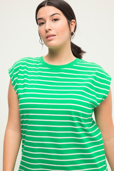 Jersey-Midikleid, oversized, geringelt, Rundhals, ärmellos, Seitenschlitze