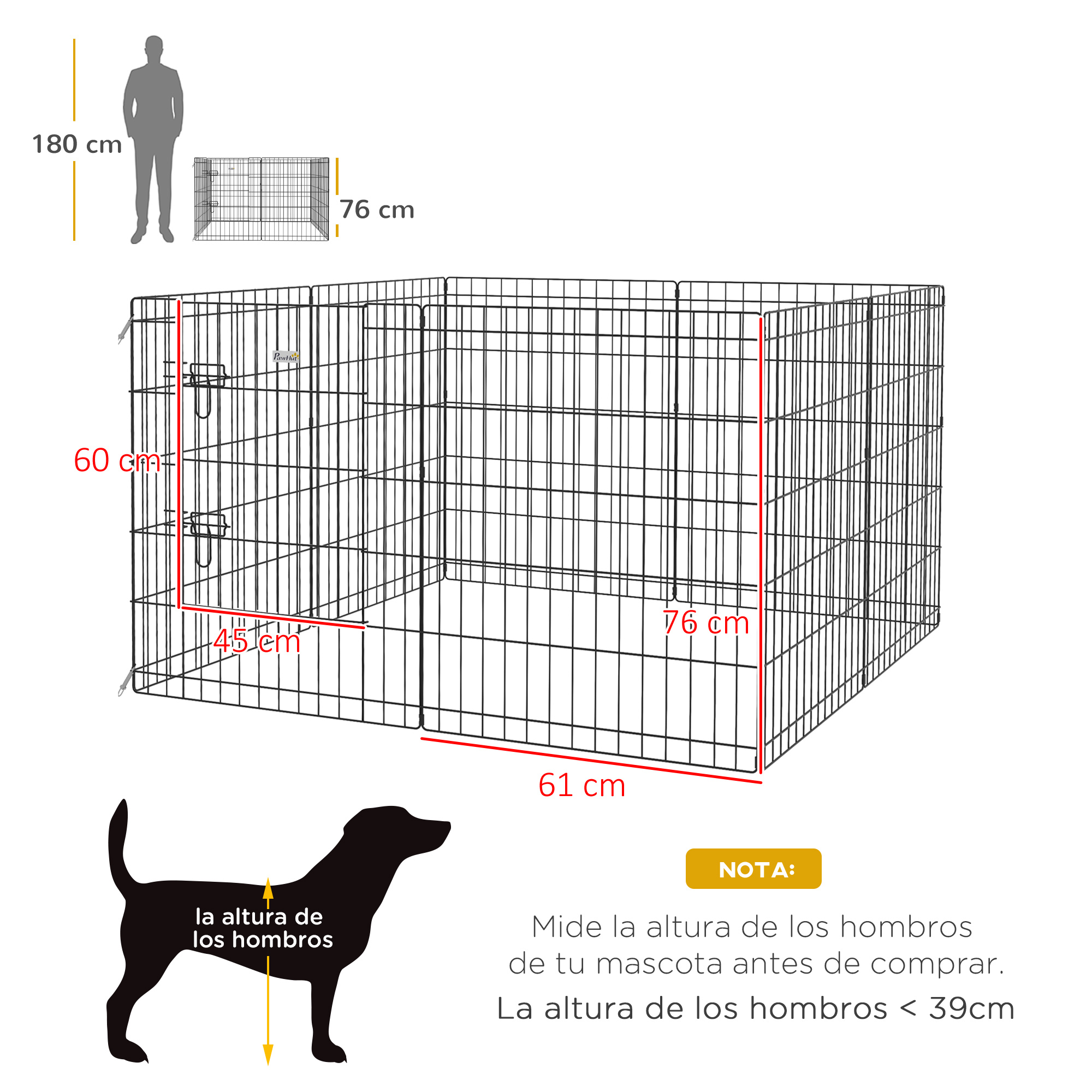 Parque para cães PawHut, gaiola dobrável de metal com 8 painéis, porta e trava dupla para jardim, pátio e área externa, preta.