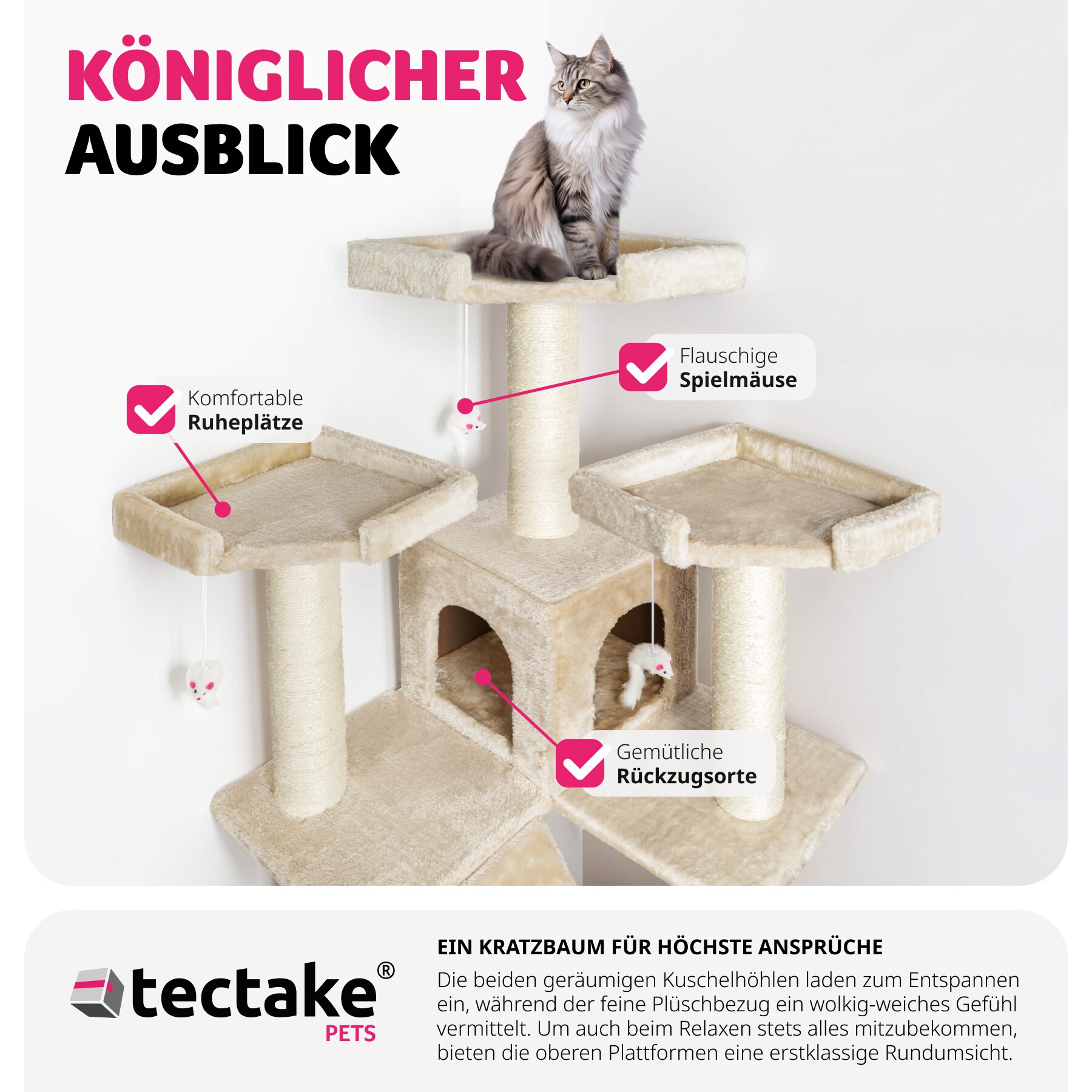 tectake® Kratzbaum, 186 cm, mit 2 Katzenhäusern, inklusive 2 Treppen, 4 Spielmäusen und Kippschutz