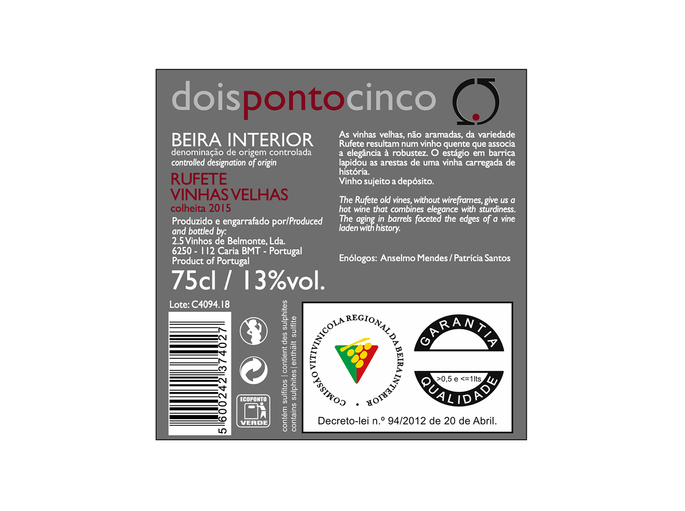 VINHO TINTO DOISPONTOCINCO RUFETE BEIRA INTERIOR 0.75L