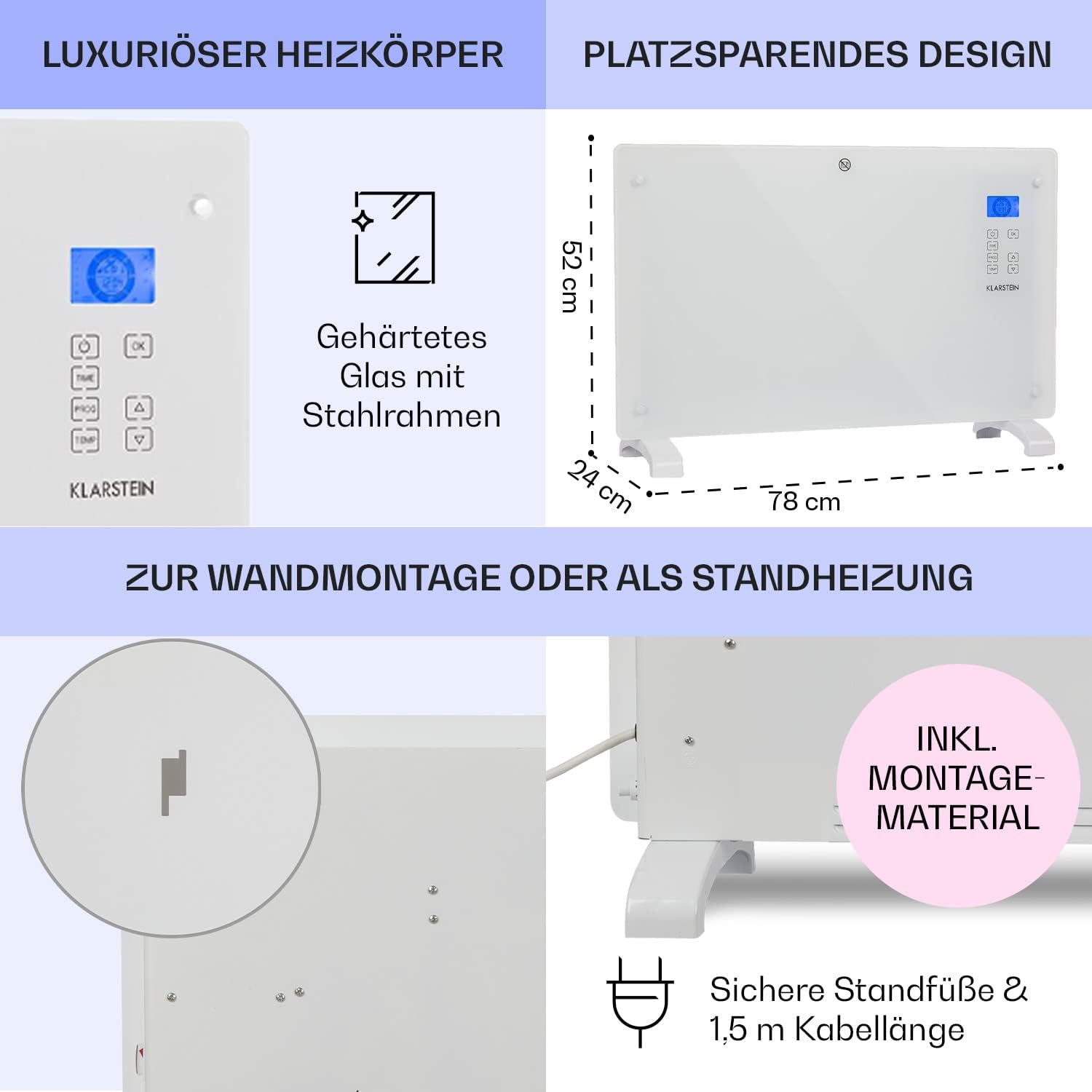 Klarstein Elektroheizung, Konvektor-Heizung mit, Mobile Elektroheizung Energiesparend, Leise Heizung Elektrisch, Standgerät Heizkörper Elektrisch mit Thermostat, 2000 W