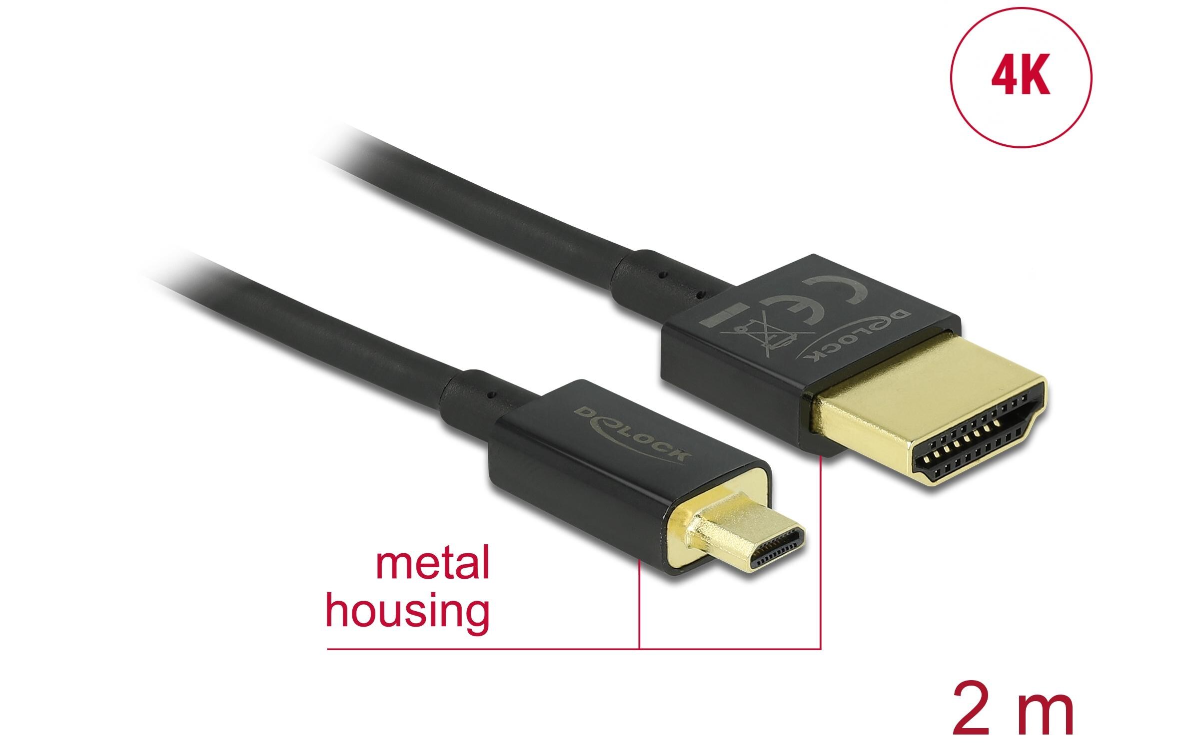 Kabel 4K 60Hz HDMI - Micro-HDMI (HDMI-D), 2 m, SchwarzDelock Kabel High Speed HDMI mit Ethernet – HDMI-A Stecker > HDMI Micro-D Stecker 3D 4K 2 m Slim High Quality