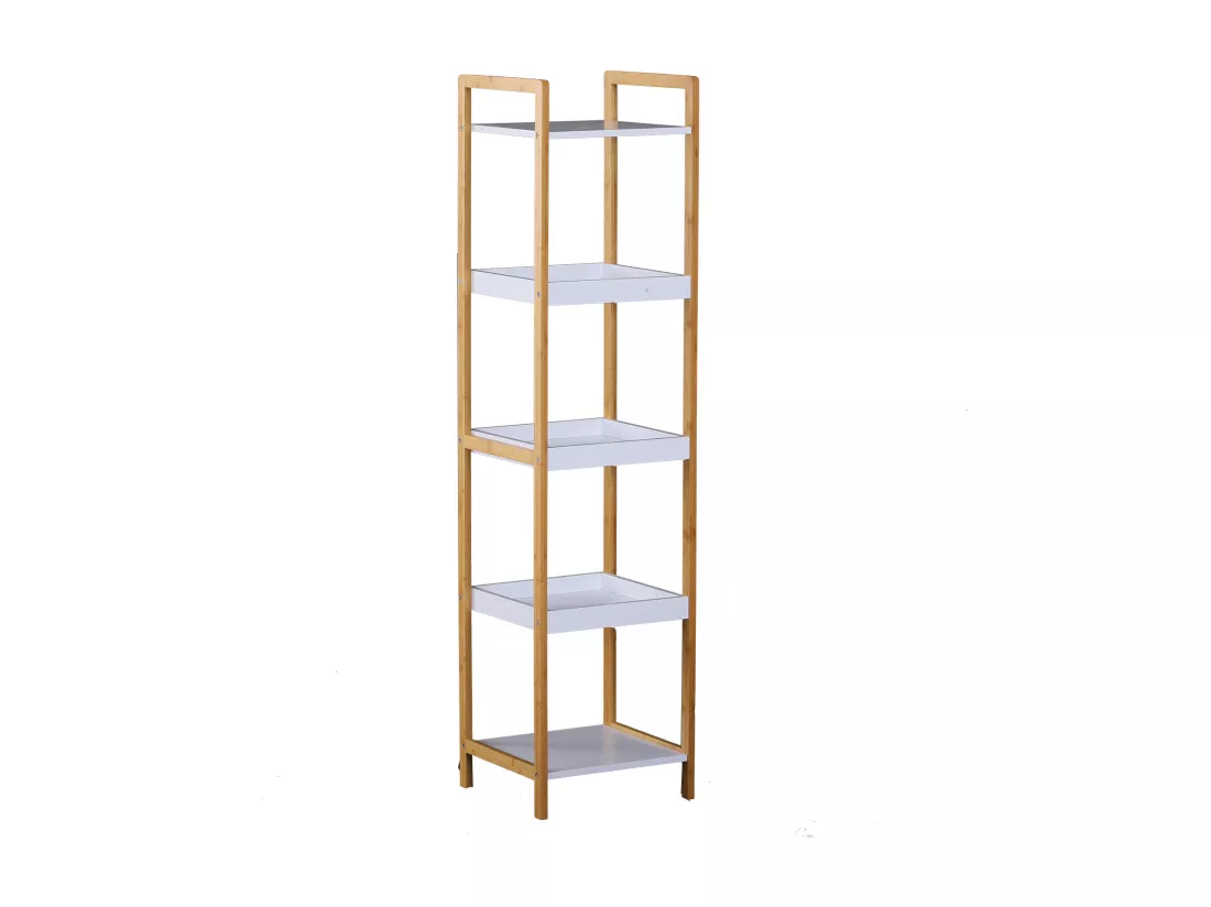 Etagère en bambou de salle de bain étagère debout 3 paniers + 2 étagères dim. 32L x 30l x 130H cm beige blanc