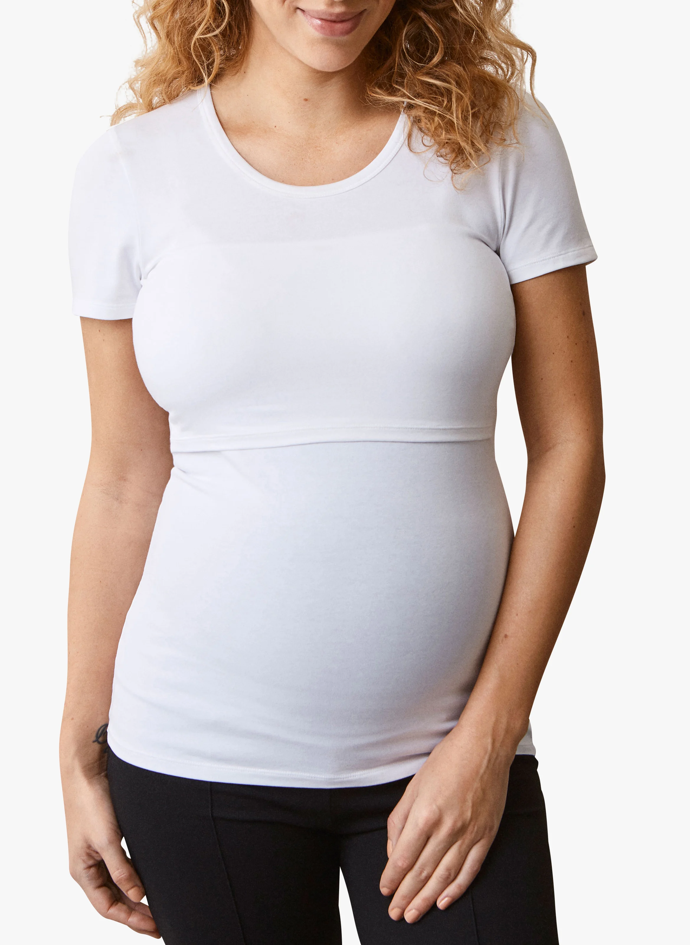 T-shirt de grossesse et d'allaitement col rond en coton mélangé| Blanc