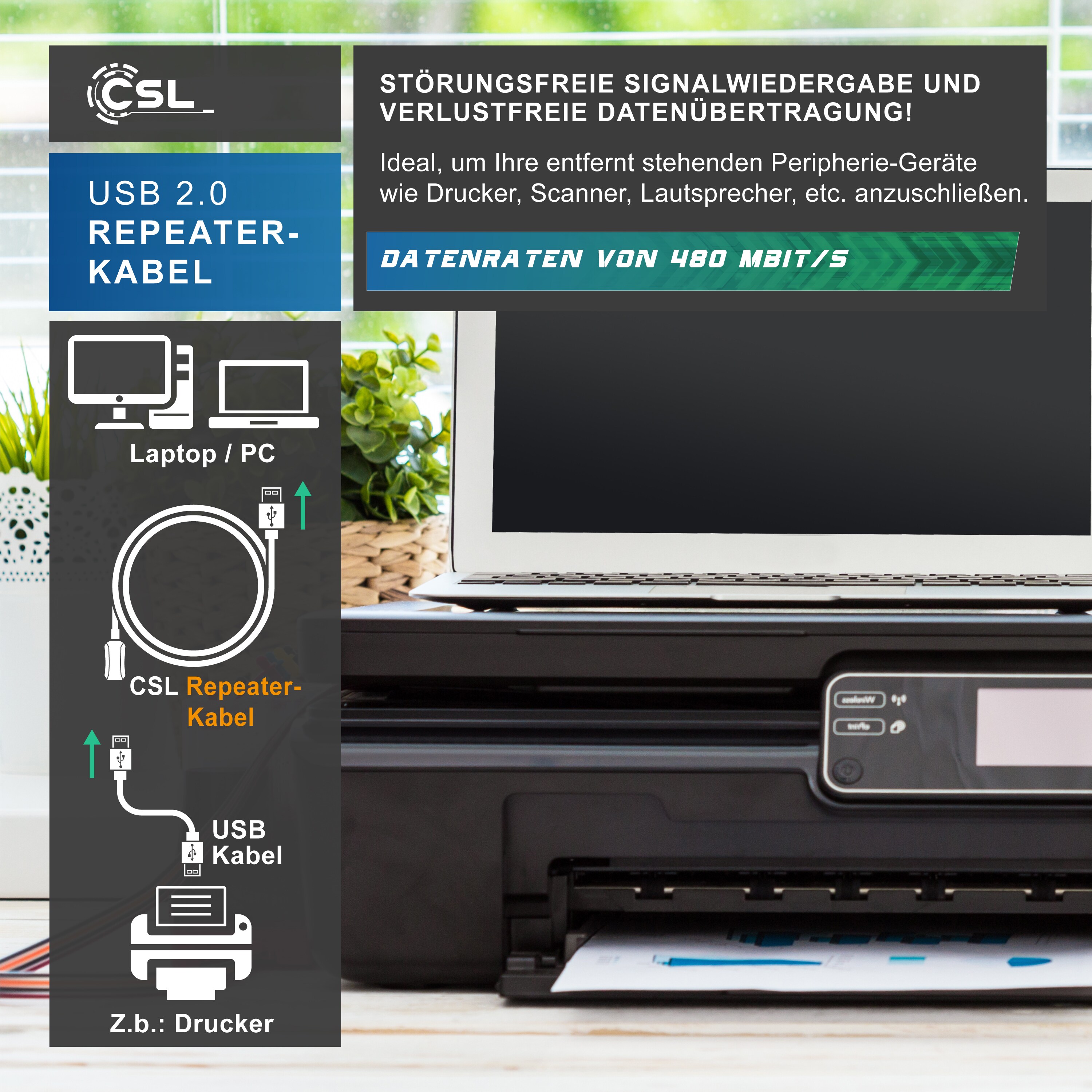 CSL USB 2.0 Typ A Verlängerungskabel, aktives Repeater Kabel / Verlängerung mit Signalverstärkung - 5m