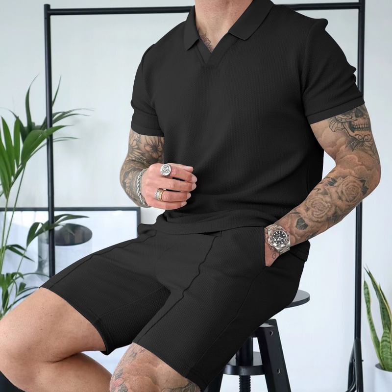 Dubbel Wit - Set: Effen top met korte mouwen en kraag + shorts
