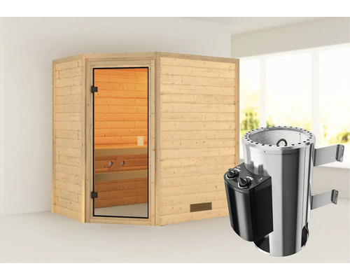 Karibu Jella plug & play sauna inclusief 3,6 kW kachel en geïntegreerde bedieningseenheid, zonder dakrand, met bronzen volledig glazen deur.