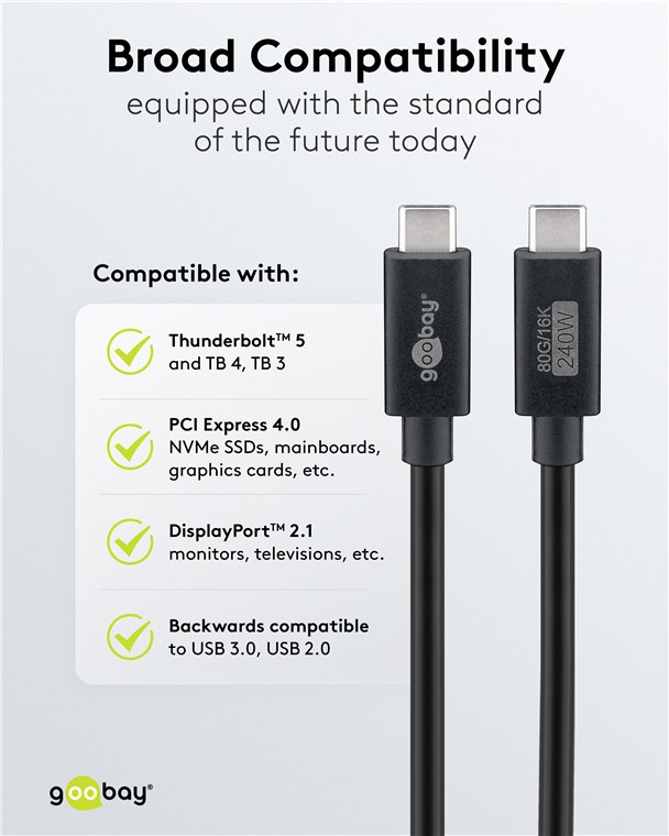 (1.2m) 240W USB C auf USB C Ladekabel Thunderbolt 3/4 Datenkabel 16K Monitor-Verbindungskabel 80 Gbit/s (74376) - Schwarz