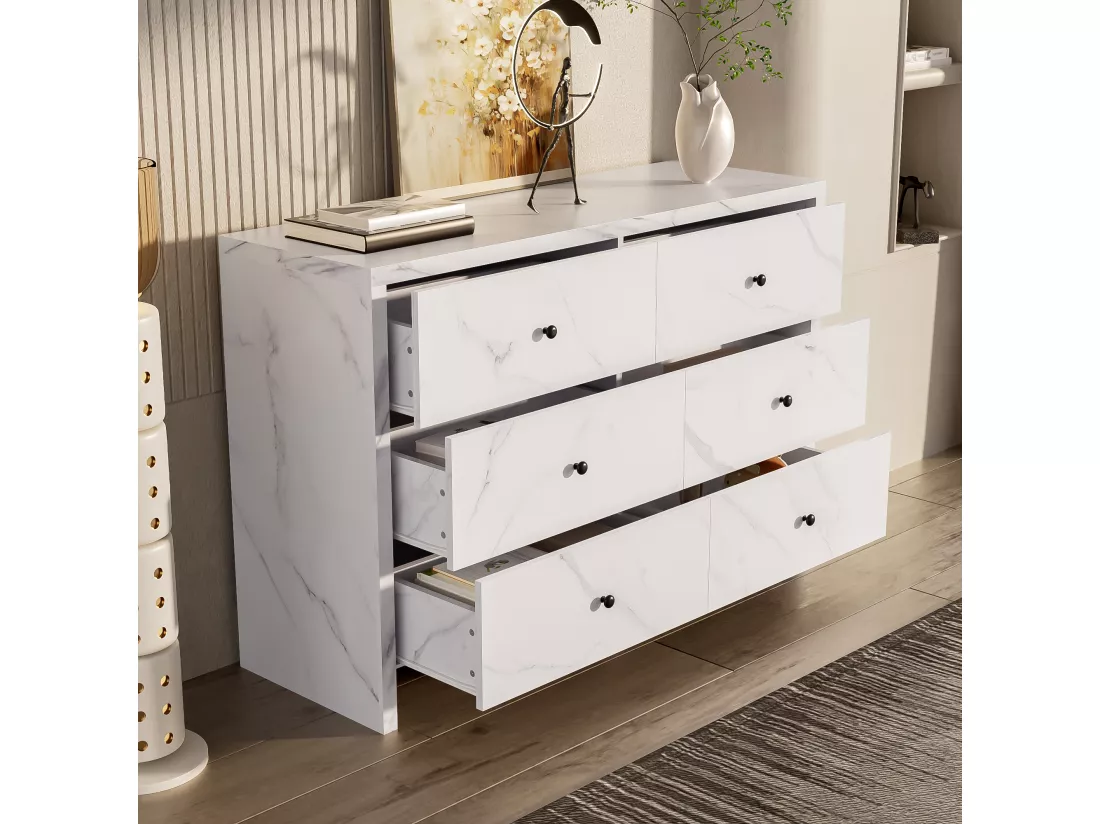 Buffet avec 6 tiroirs - 120 x 40 x 80 cm - Aspect marbre - Panneau de particules et poignée en bois noir - Blanc